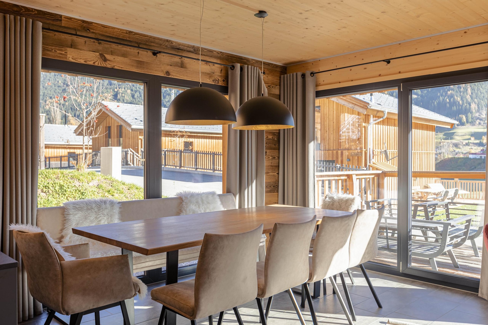 Ground floor: (hallway(ski boot heaters), Living room, open kitchen(cooker(ceramic), oven, microwave, dishwasher, fridge-freezer), bathroom(shower, 2x washbasin, toilet), bathroom(shower, washbasin, washbasin, toilet), Internet access)\n\nOn the 1st floor: (bedroom(double bed), bedroom(double bed), bedroom(double bed), bedroom(double bed, bunk bed), bathroom(shower, sauna, 2x washbasin, toilet))\n\nski storage(shared with other guests), terrace, parking