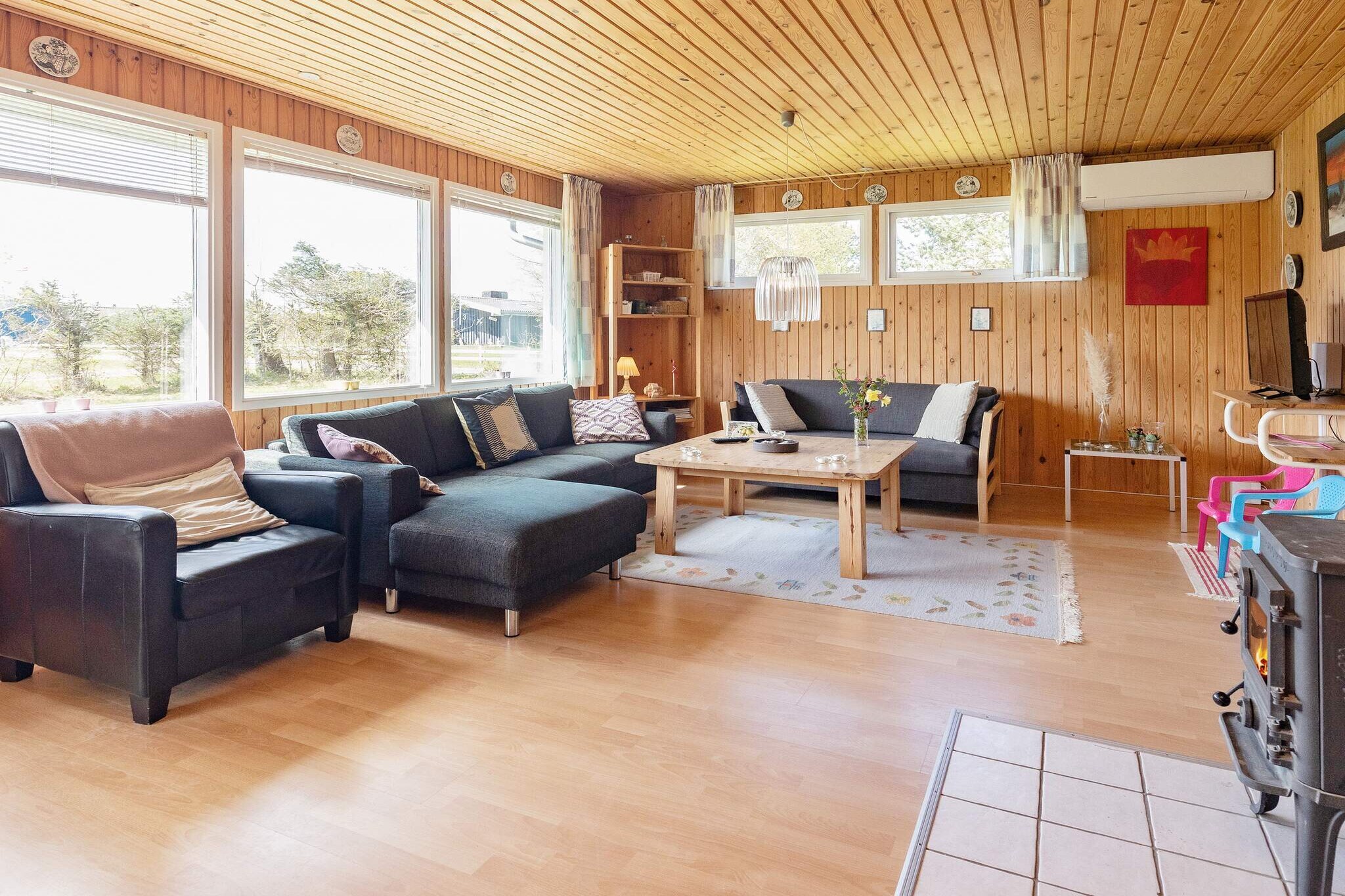open kitchen(cooker(electric), hood, coffee machine, microwave, fridge(+ freezer)), Living/bed room(TV(satellite, german television channels, danish TV channels (DR1 and TV2)), high chair), bedroom(double bed), bedroom(2x single bed), bedroom(2x bunk bed), bathroom(floor heating)(bathtub or shower, washbasin, toilet, washing machine), heating(electric), terrace, BBQ, play equipment, air to water heatpump