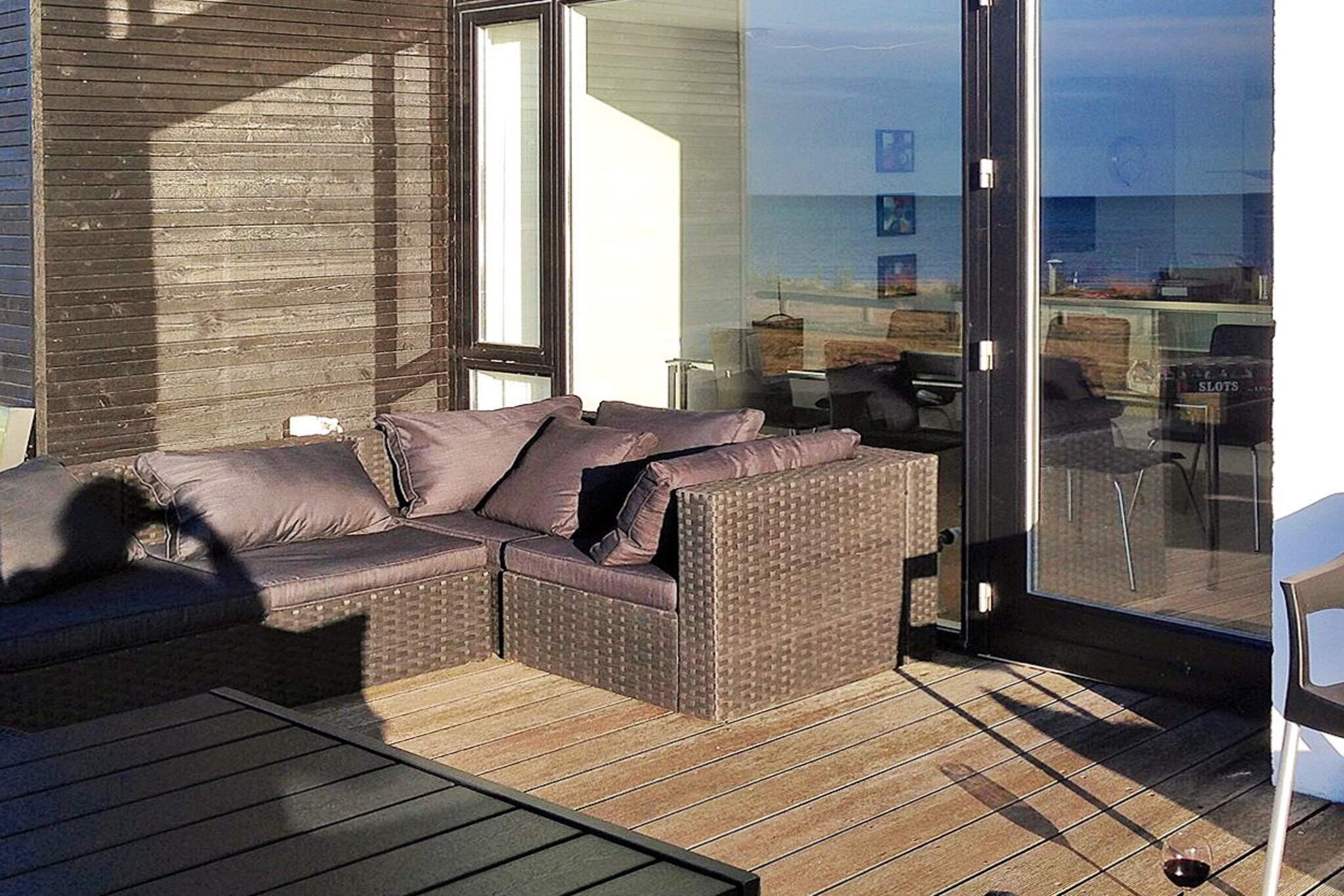 Internet Access DSL, open kitchen(cooker(electric), hood, coffee machine, microwave, dishwasher, fridge(+ freezer)), Living/bed room(TV(german television channels, danish TV channels (DR1 and TV2)), radio, stereo unit), bedroom(double bed), bedroom(double bed), bedroom(double bed), bedroom(double bed), bathroom(floor heating)(bathtub or shower, washbasin, toilet, washing machine), bathroom(floor heating)(bathtub or shower, washbasin, toilet), Bubble bath(indoor), sauna(indoor, heated, 4 persons), terrace, garden