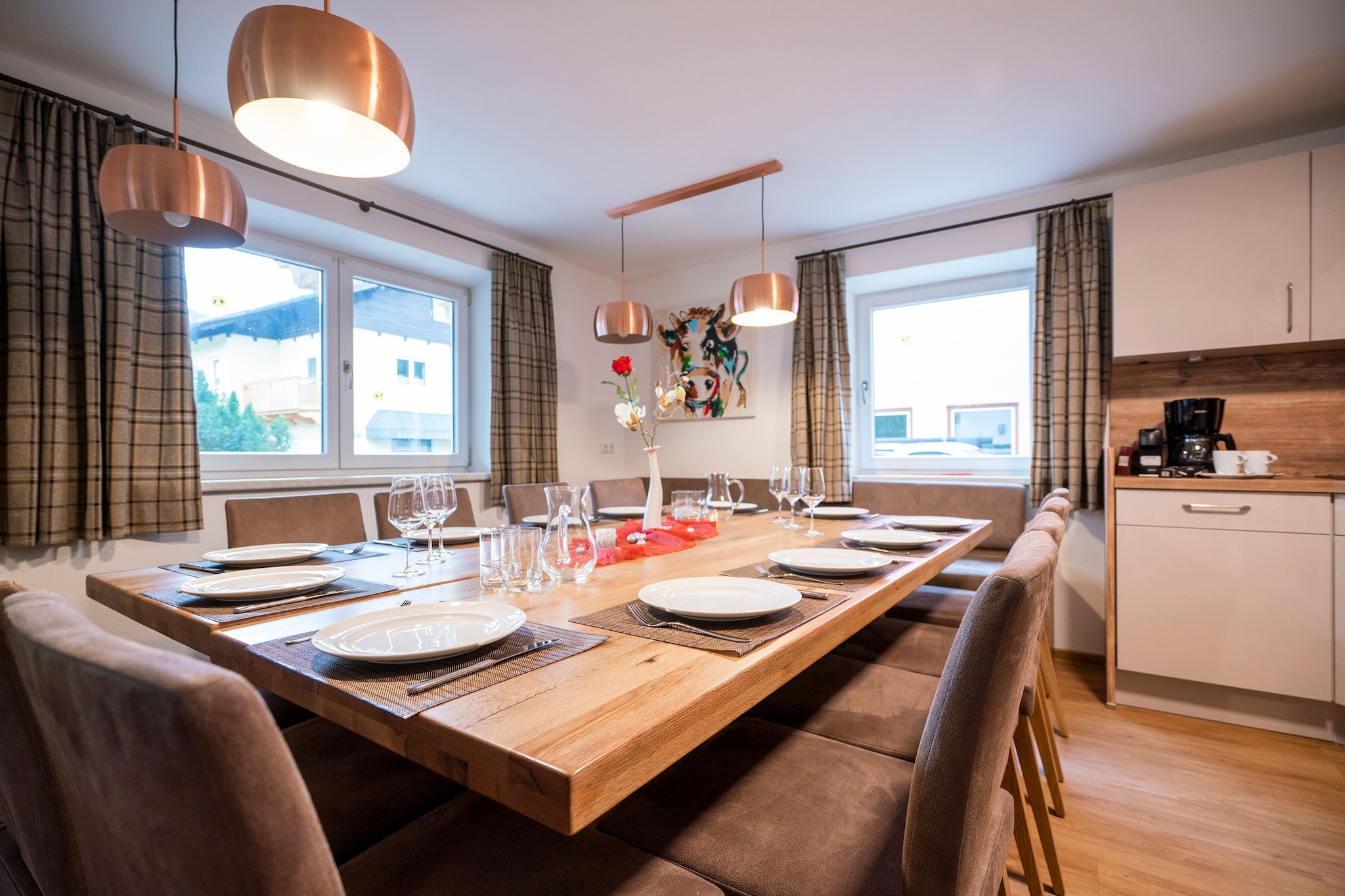 Ground floor: (hallway, Living room(TV), open kitchen(cooker, oven, microwave, fridge-freezer), Bedroom with bathroom(double bed, shower, washbasin, toilet), toilet)\n\nOn the 1st floor: (bedroom(single bed, double bed), Bedroom with bathroom(single bed, double bed, shower, washbasin, toilet), Bedroom with bathroom(double bed, bunk bed, shower, washbasin, toilet), bathroom(shower, washbasin, toilet), sauna)\n\nOn the 2nd floor: (bedroom(2x single bed, bunk bed), bedroom(double bed), bedroom(double bed), bathroom(shower, washbasin, toilet), bathroom(shower, washbasin, toilet), bathroom(shower))\n\nski storage, garden, parking