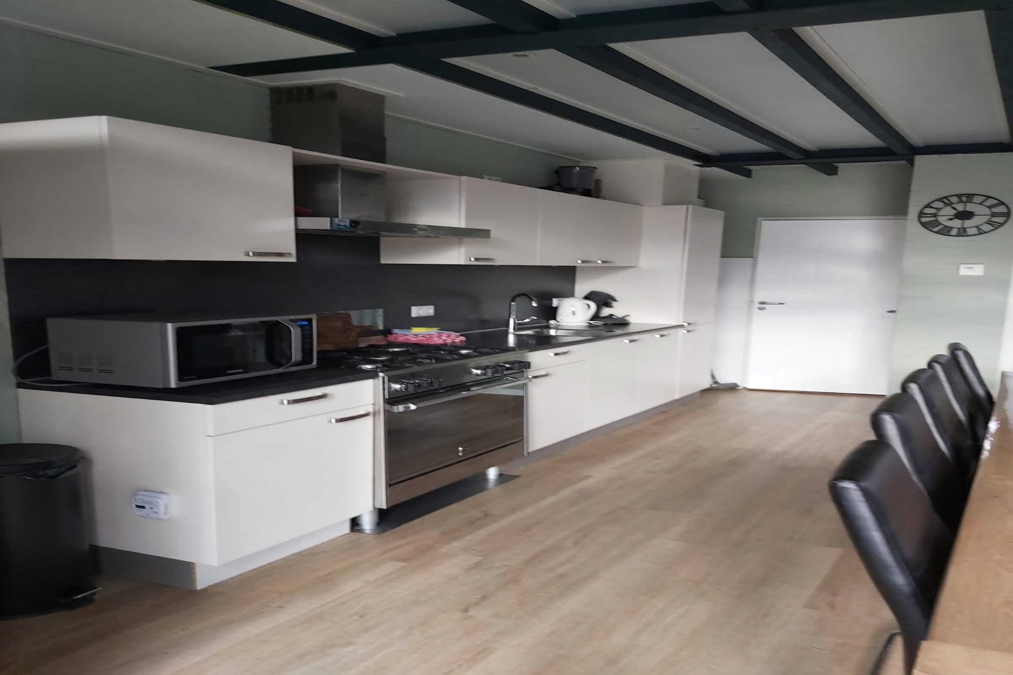 Ground floor: (Living room(TV(satellite), stereo unit), dining room, open kitchen(cooker(4 ring stoves), coffee machine, microwave, dishwasher, fridge), bedroom(bunk bed), bedroom(double bed), bathroom(shower, washbasin, toilet), bathroom(bath tub, shower, washbasin, toilet))\n\nOn the 1st floor: (bedroom(2x single bed), bedroom(2x single bed), bedroom(2x single bed), bedroom(2x single bed))\n\ngarden doors, terrace(private), garden, garden furniture