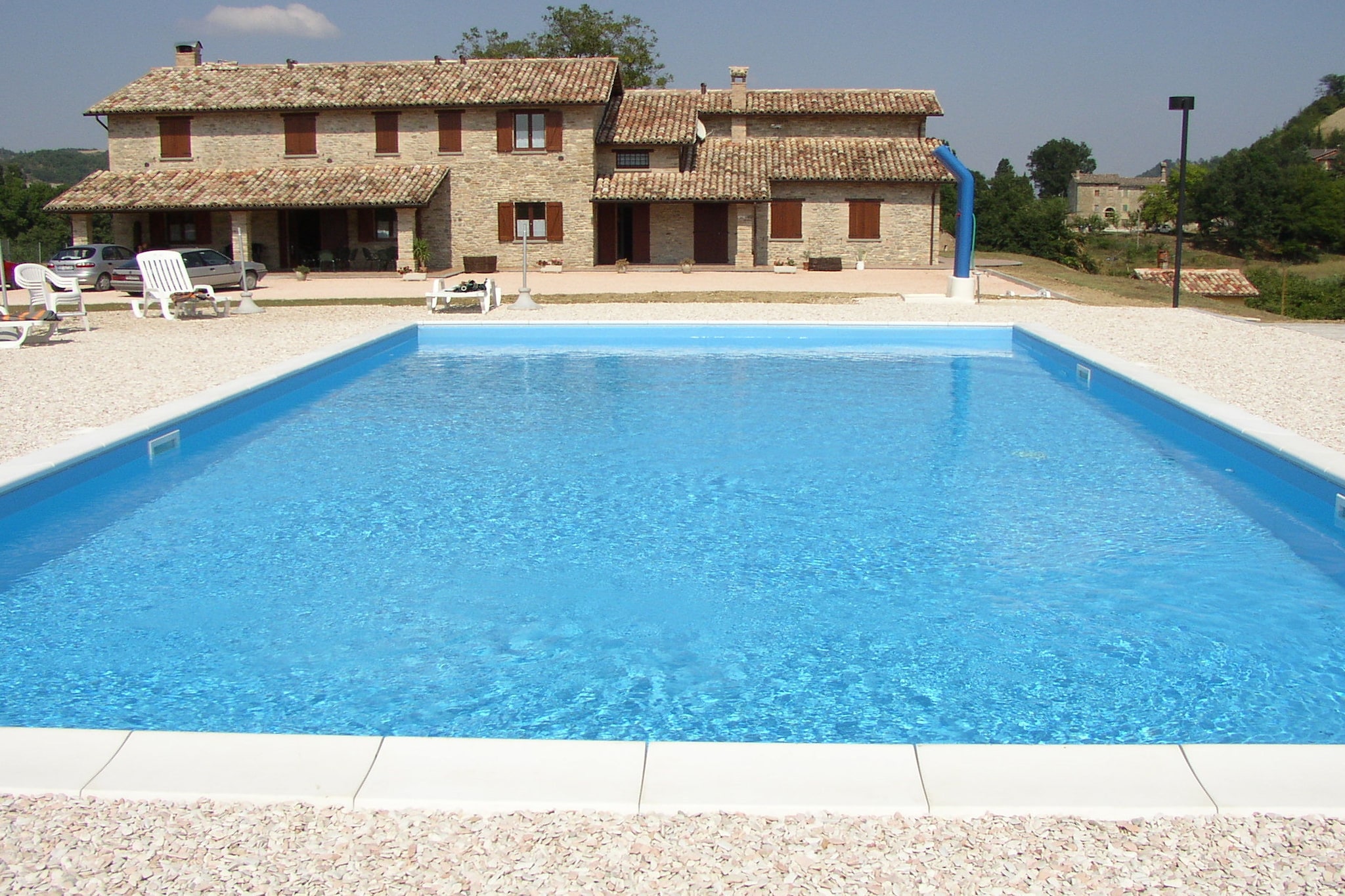 Ground floor: (Entrance, Living room(TV), dining room(dining table, dining table), Kitchen(cooker, coffee machine, oven, microwave, dishwasher, fridge-freezer, washing machine), Bedroom with bathroom(double bed, shower, washbasin, toilet), bathroom(washbasin, toilet), bathroom(washbasin, toilet))\n\nOn the 1st floor: (Kitchenette(double sofa bed, cooker, fridge), Bedroom with bathroom(single bed, single bed, double sofa bed, shower, washbasin, toilet), Bedroom with bathroom(single bed, single bed, double sofa bed, shower, washbasin, toilet), Bedroom with bathroom(single bed, single bed, double sofa bed, shower, washbasin, toilet), Bedroom with bathroom(single bed, single bed, double sofa bed, shower, washbasin, toilet), Bedroom with bathroom(single bed, single bed, double sofa bed, shower, washbasin, toilet), Bedroom with bathroom(single bed, single bed, double sofa bed, shower, washbasin, toilet), Bedroom with bathroom(double bed, shower, washbasin, toilet))\n\ngarden, garden furniture, BBQ, swimming pool(private, 12 x  6 m.)