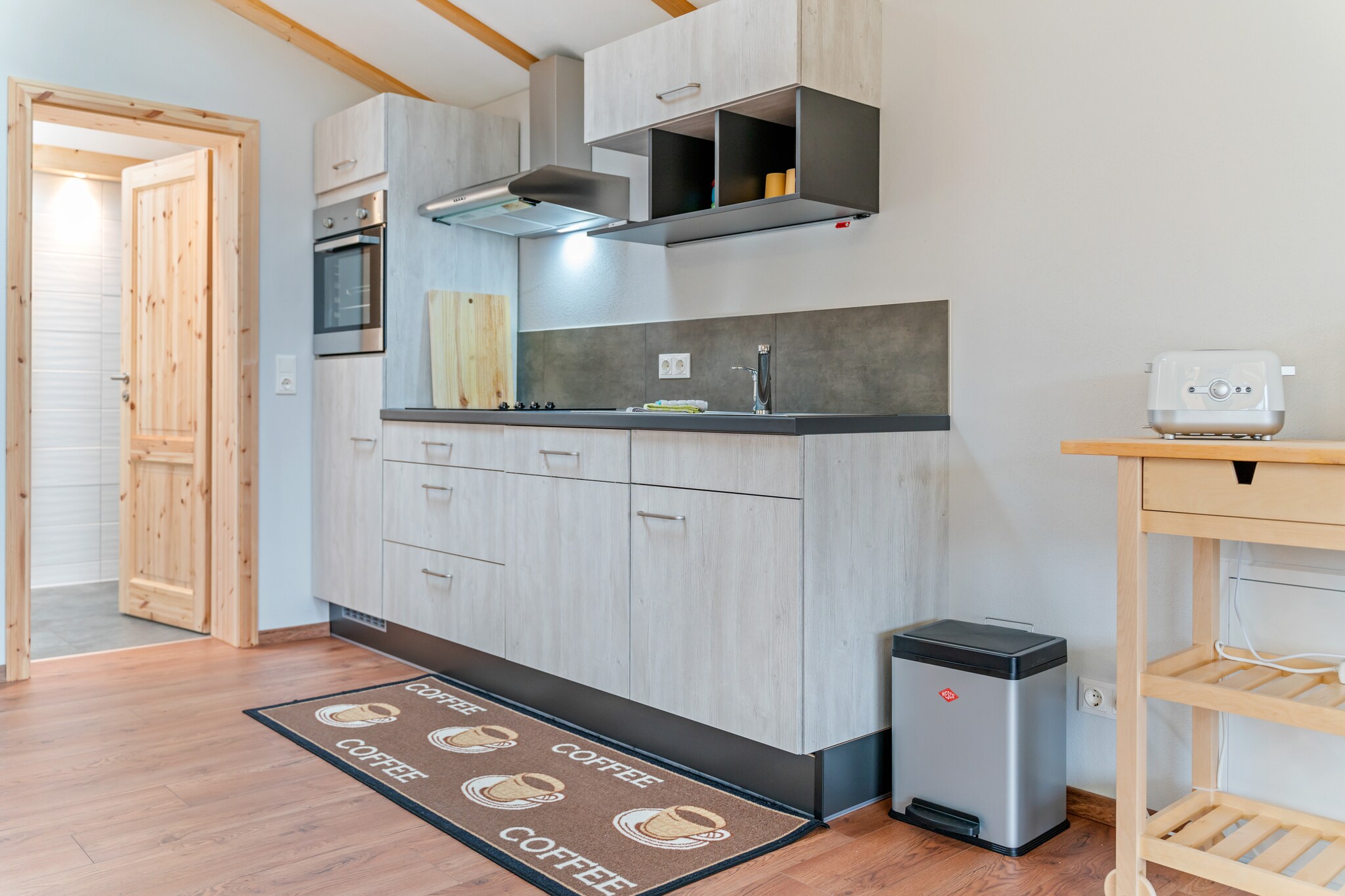 Ground floor: (Entrance, open kitchen(electric kettle, toaster, cooker(4 ring stoves, electric), hood, coffee machine(filter), oven, dishwasher, fridge), Living/diningroom(TV(flatscreen, satellite)), bedroom(double bed), bedroom(bunk bed), bathroom(shower, washbasin, toilet))\n\nheating(floor heating), terrace(private, roofed, 16 m2), garden(shared with other guests, fenced), garden furniture, BBQ(shared with other guests, charcoal), parking, swimming pool(shared with other guests, roofed, 8 x 4 m., opened from May upto and including Sep)