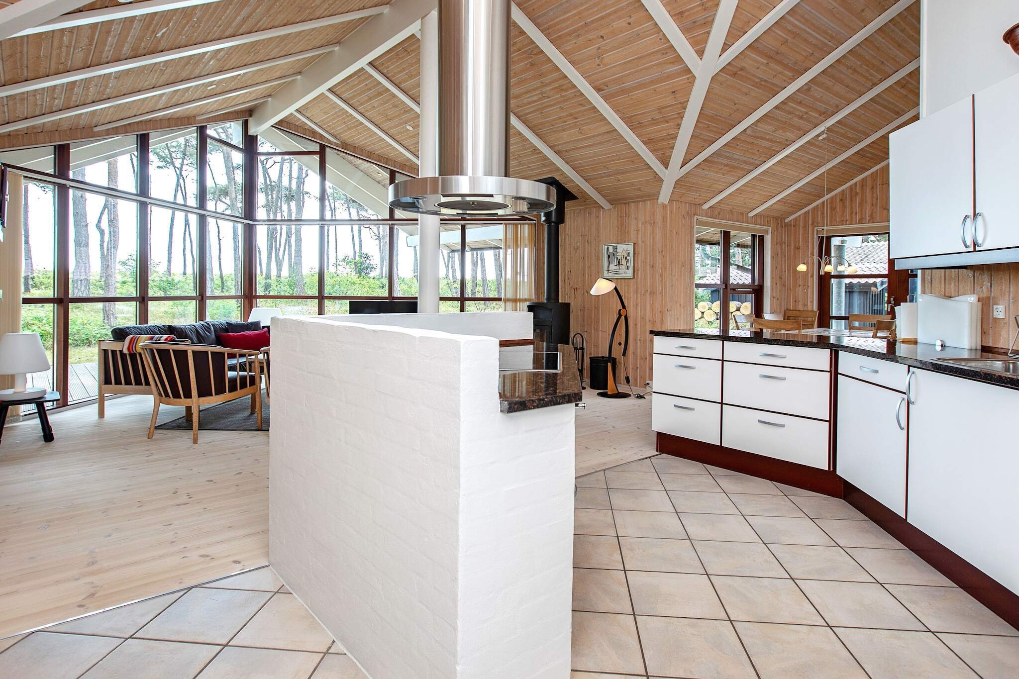 open kitchen(cooker(electric), hood, coffee machine, microwave, dishwasher, fridge(+ freezer)), Living/bed room(TV(satellite, german television channels, danish TV channels (DR1 and TV2)), radio, high chair), bedroom(double bed, children\'s bed), bedroom(double bed), bedroom(double bed), bathroom(floor heating)(tumble dryer, bathtub or shower, washbasin, toilet, washing machine), bathroom(floor heating)(bathtub or shower, washbasin, toilet), mezzanine(2x single bed), Bubble bath(indoor, heated, 4 persons), sauna(indoor, heated, 6 persons), heating(electric), terrace, BBQ, air to air heatpump