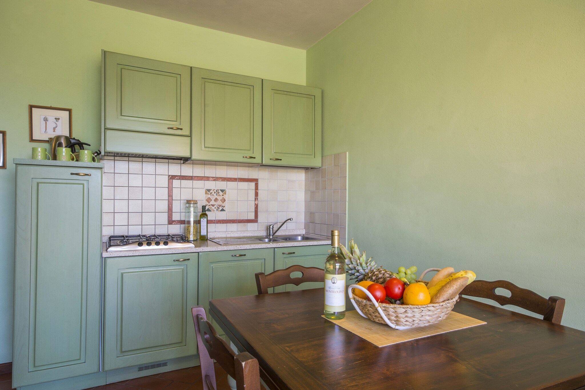 Ground floor: (open kitchen(hob, electric kettle, boiling water tap, hood, coffee machine, dishwasher, fridge), Living/diningroom(double sofa bed, TV(flatscreen, satellite), dining table(4 persons)), bedroom(double bed), bathroom(shower, washbasin, toilet, bidet), insect screens)\n\nwashing room(washing machine(shared with other guests, paid)), dining table(4 persons), terrace(private, 10 m2), BBQ(shared with other guests), parking, parasol, swimming pool(shared with other guests, outside, fenced, 12 x  6 m., opened from May upto and including Sep), play equipment(shared with other guests), table tennis table(shared with other guests), plancha grill