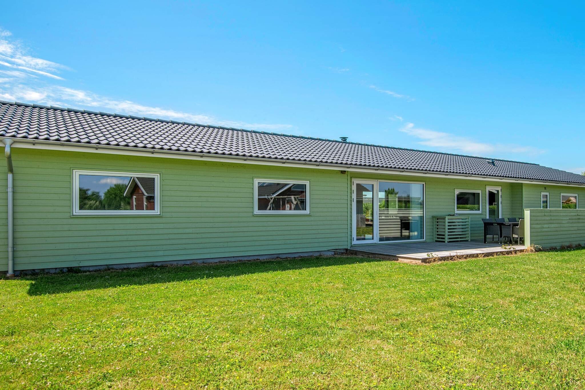 Internet Access DSL, Living room(4x single folding bed), open kitchen(cooker(electric), hood, coffee machine, microwave, dishwasher, fridge, freezer(60-99L)), Living/bed room(TV(cable, german television channels, danish TV channels (DR1 and TV2)), DVD player, radio, radio, CD player, high chair), bedroom(double bed, cot), bedroom(double bed), bedroom(double bed), bedroom(double bed), bathroom(floor heating)(tumble dryer, bathtub or shower, washbasin, toilet, washing machine), bathroom(floor heating)(bathtub or shower, washbasin, toilet), Bubble bath(indoor, heated, 2 persons), sauna(indoor, heated, 6 persons), heating(electric), terrace, terrace(roofed), garden, play equipment, table tennis table, darts, billiards, fish cleaning table, air to water heatpump