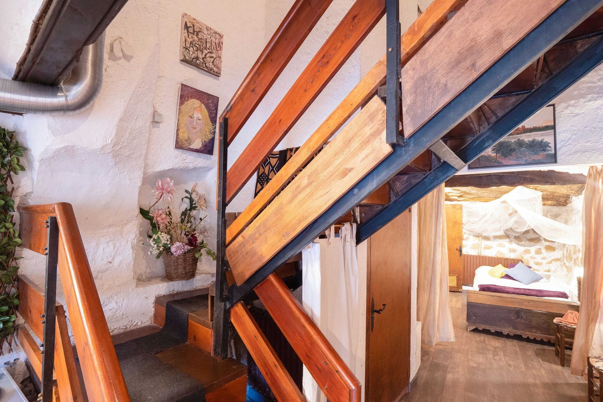 Ground floor: (Kitchen(toaster, coffee machine, oven, grill, microwave, fridge, freezer, Juicer), Living/bed room(double bed, double sofa bed, TV, dining table), bathroom(bathtub or shower, toilet))\n\nOn the 1st floor: (bedroom(single bed, single bed, single bed))