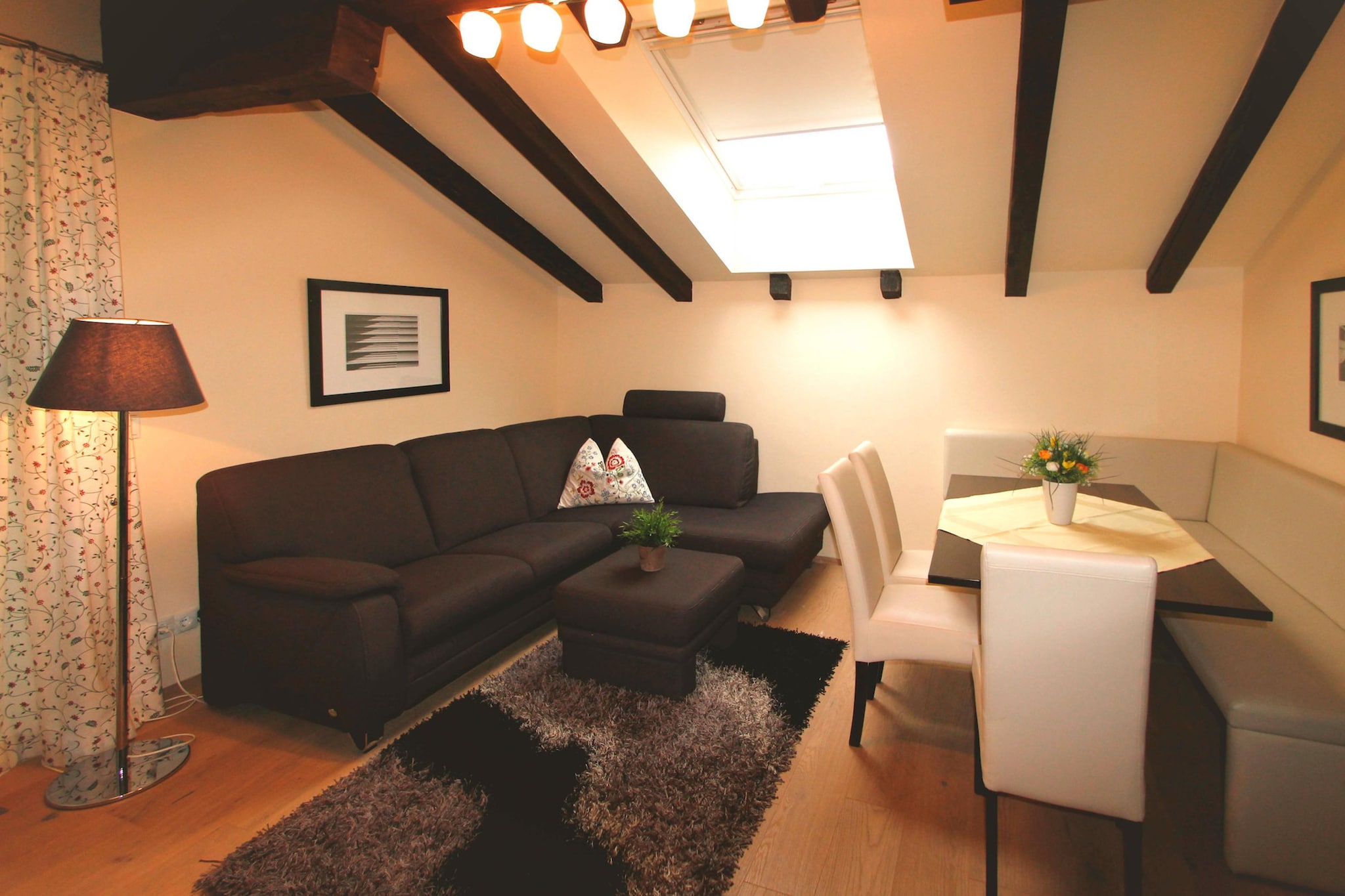 On the 2nd floor: (Living room(single sofa bed, TV(satellite), seating area, stereo unit), Kitchen(cooker, coffee machine, oven, microwave, dishwasher, fridge), bedroom(double bed, TV), bedroom(double bed, TV), bathroom(bath tub, shower, washbasin, bidet), balcony)\n\ninfrared sauna, heating(central), air conditioning, terrace, garden(shared with other guests), garden furniture, parking, bicycles available