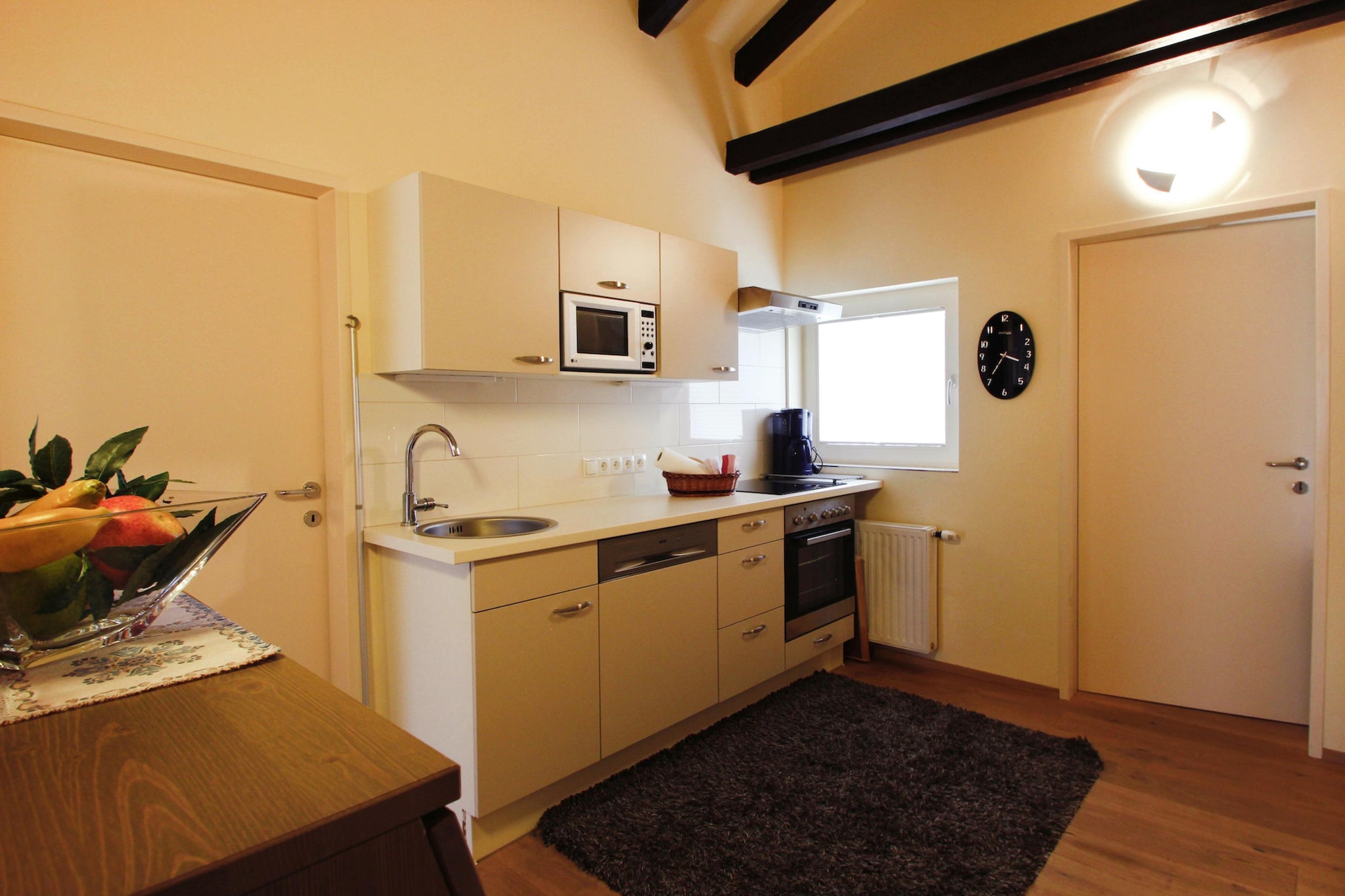 On the 2nd floor: (Living room(single sofa bed, TV(satellite), seating area, stereo unit), Kitchen(cooker, coffee machine, oven, microwave, dishwasher, fridge), bedroom(double bed, TV), bedroom(double bed, TV), bathroom(bath tub, shower, washbasin, bidet), balcony)\n\ninfrared sauna, heating(central), air conditioning, terrace, garden(shared with other guests), garden furniture, parking, bicycles available