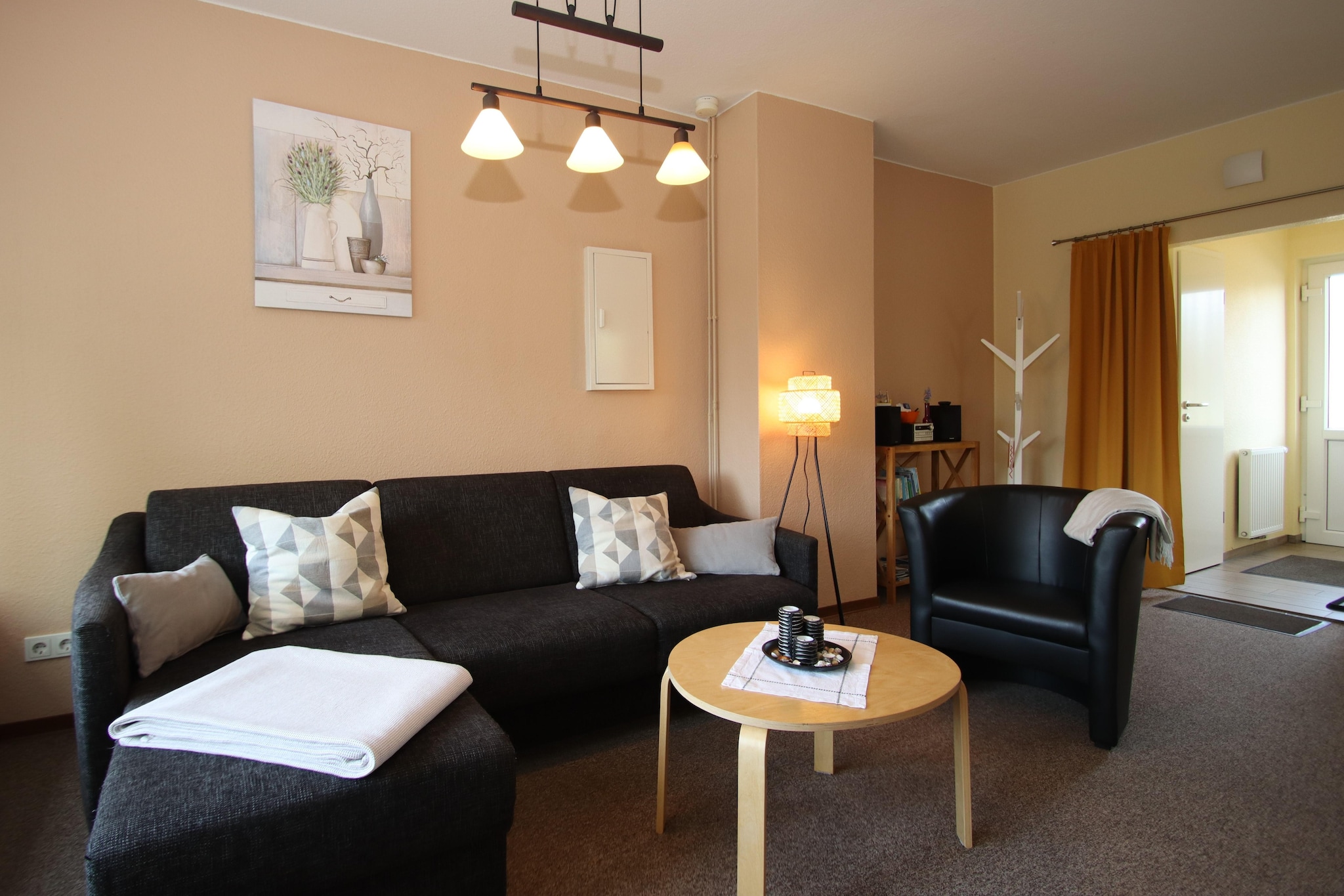 Ground floor: (Kitchen(stove, electric kettle, toaster, coffee machine, microwave, dishwasher), Living/diningroom(TV(satellite), dining table, radio), guest toilet)\n\nOn the 1st floor: (bedroom(2x single bed), bedroom(double bed, fridge-freezer), bathroom(shower, washbasin, toilet, hairdryer))\n\ngrill, heating(gas), terrace, garden, garden furniture, parking, high chair, baby crib(free)