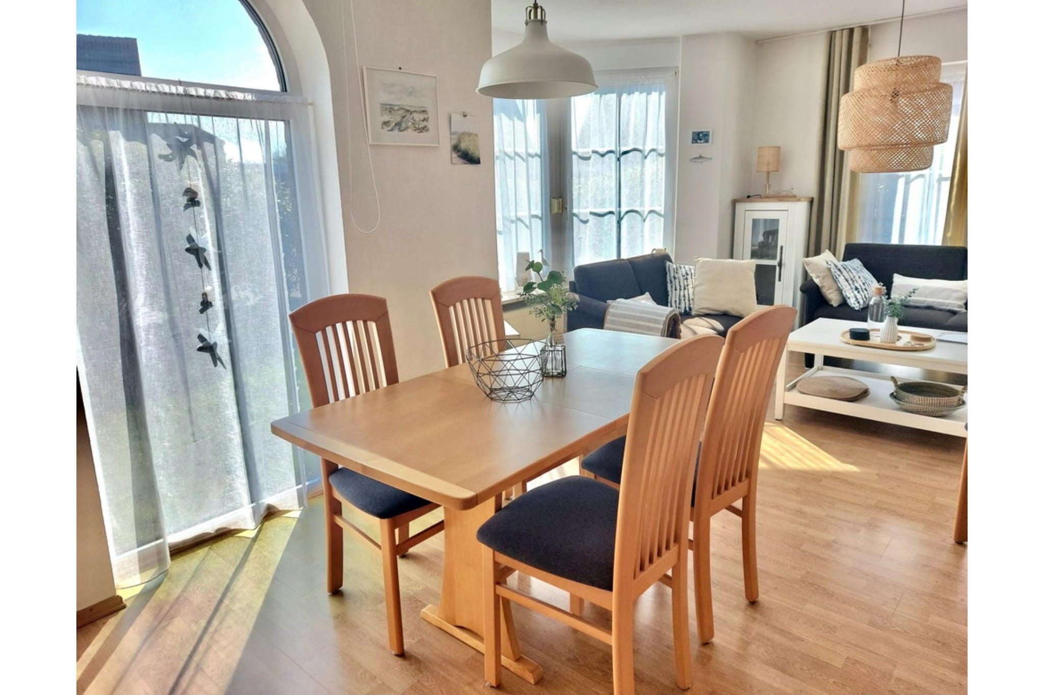 Ground floor: (Kitchen(stove, electric kettle, coffee machine, oven, microwave, dishwasher, fridge(+ freezer)), Living/diningroom(TV, radio, CD player, stereo unit), guest toilet)\n\nOn the 1st floor: (bedroom(double bed), bedroom(2x single bed), bathroom(shower, washbasin, toilet))\n\ntumble dryer, heating(central), terrace, bicycle storage, garden furniture, parking, high chair, baby crib(free)