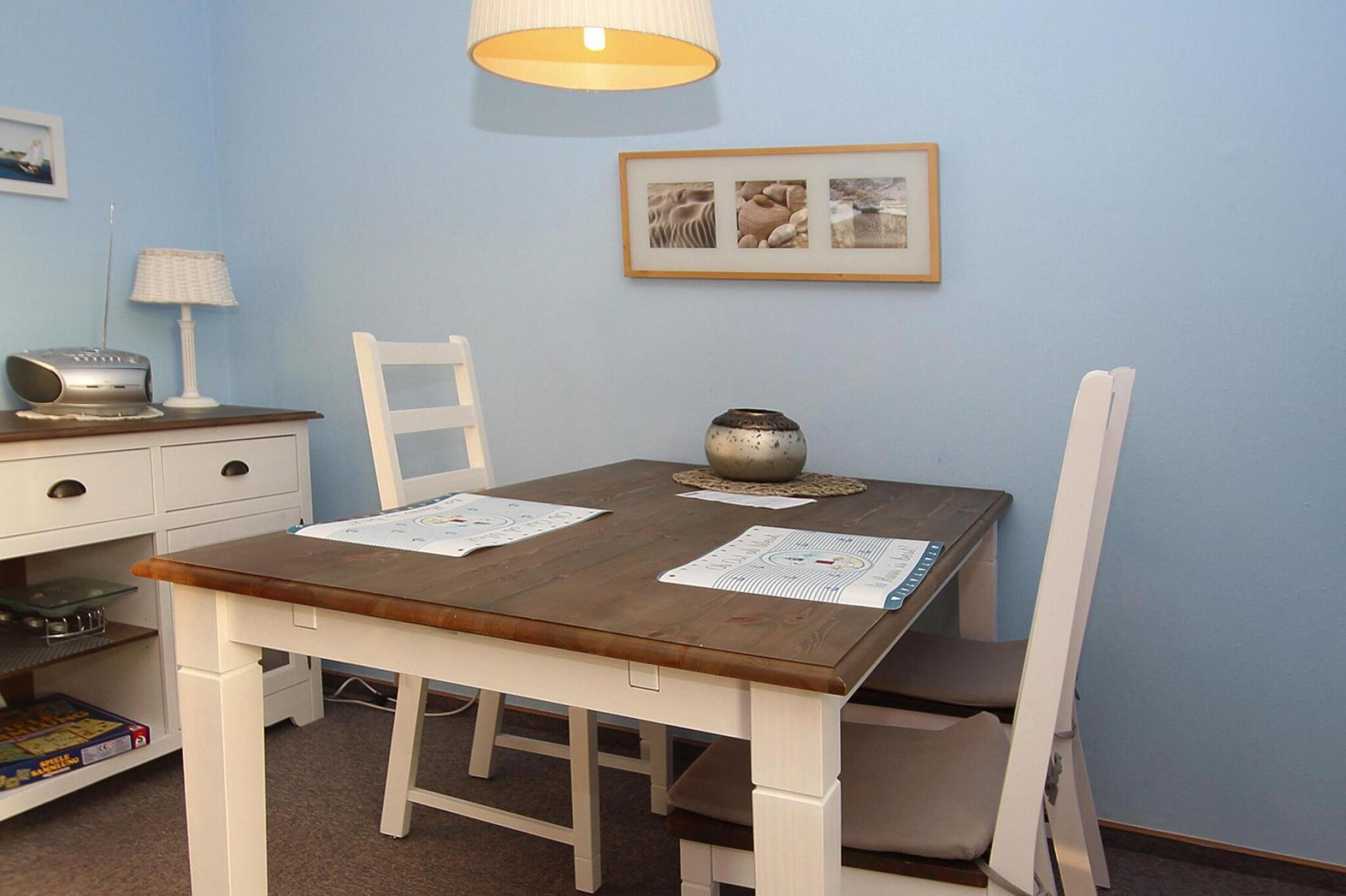 Ground floor: (Kitchen(dining table, hob(4 ring stoves, ceramic), toaster, coffee machine, oven, microwave, dishwasher, fridge-freezer), Living/diningroom(TV(satellite), DVD player, Blu-ray player, radio, CD player), bedroom(double bed), bedroom(2x single bed), bathroom(shower, washbasin, toilet))\n\ngarage, washing machine, heating(electric), terrace, garden, bicycle storage, garden furniture, BBQ(charcoal)