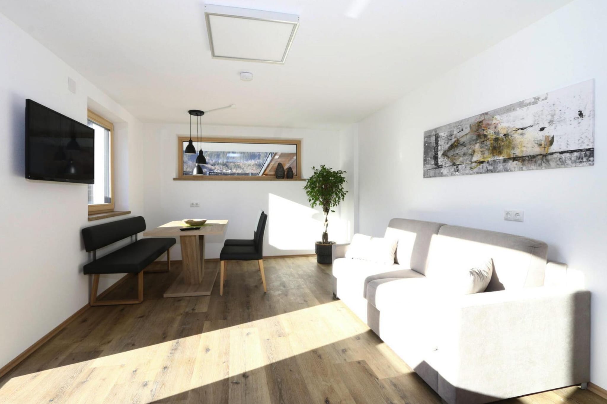 Ground floor: (open kitchen(dining table, hob(4 ring stoves, ceramic), coffee machine, oven, dishwasher, fridge-freezer), Living/diningroom(double sofa bed, TV(satellite)), bedroom(double bed, TV(satellite)), bathroom(shower), toilet, terrace)\n\ngarden furniture, parking