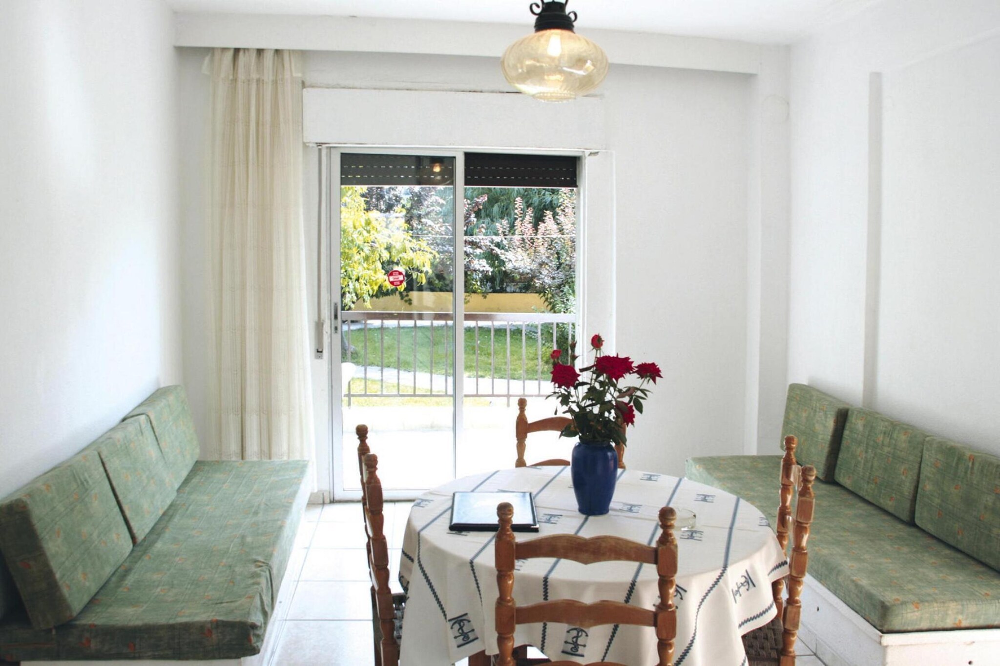 Kitchenette(dining table, stove, hob(2 ring stoves, electric), fridge), Living/diningroom(2x single bed), bedroom(2x single bed), bathroom(bathtub or shower, toilet), Reception, balcony or terrace, garden furniture, parking lot(public), baby crib(paid)