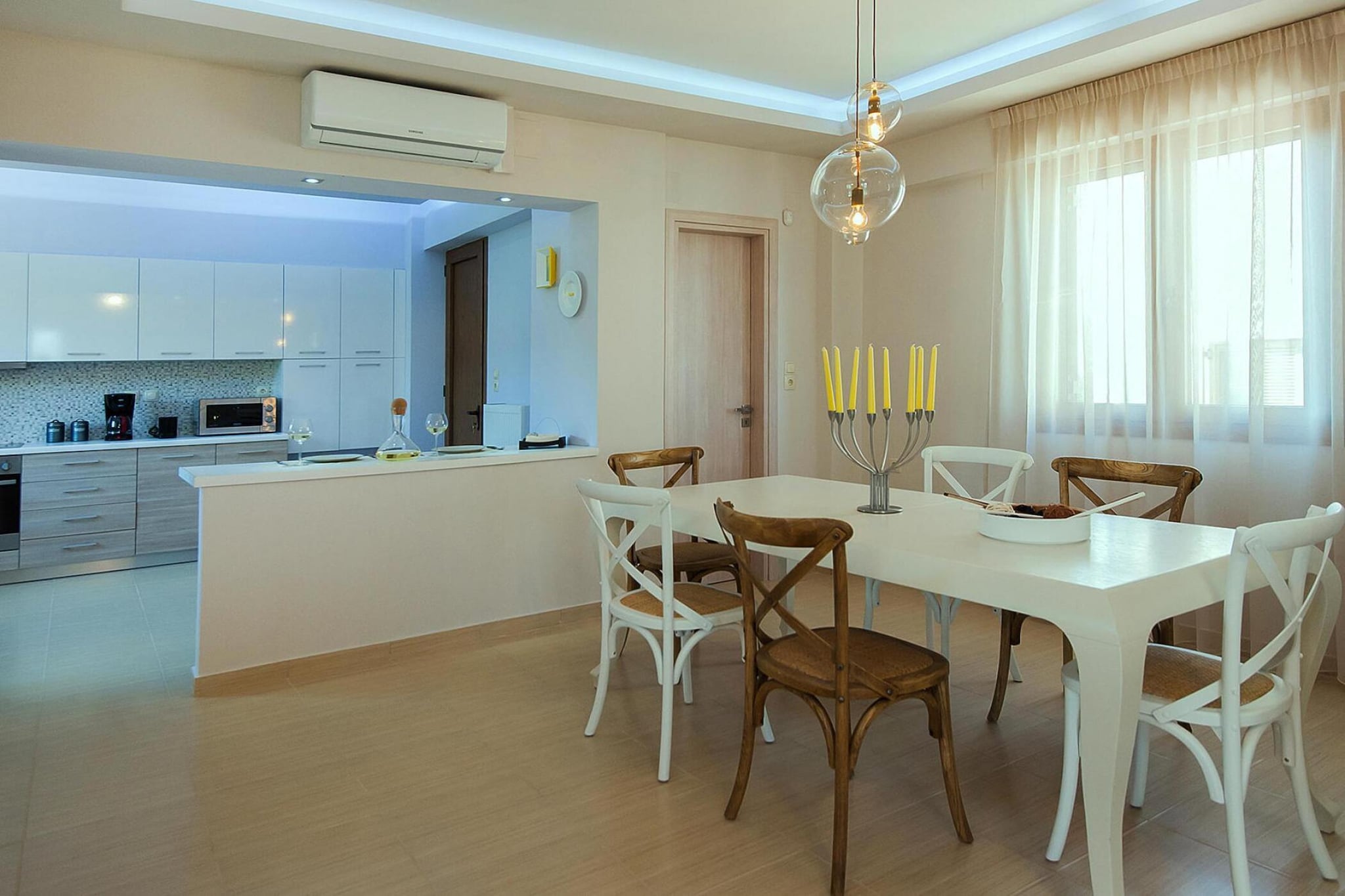 open kitchen(dining table, hob(4 ring stoves, ceramic), electric kettle, toaster, coffee machine, oven, microwave, dishwasher, fridge-freezer), Living/diningroom(TV(satellite), DVD player), bedroom(double bed), bedroom(2x single bed), bedroom(double bed), bathroom(Bubble bath, toilet, hairdryer), bathroom(shower, toilet), guest toilet, storage, washing machine, balcony, balcony, air conditioning, terrace, terrace, garden furniture, BBQ, parking, high chair, baby crib(free)