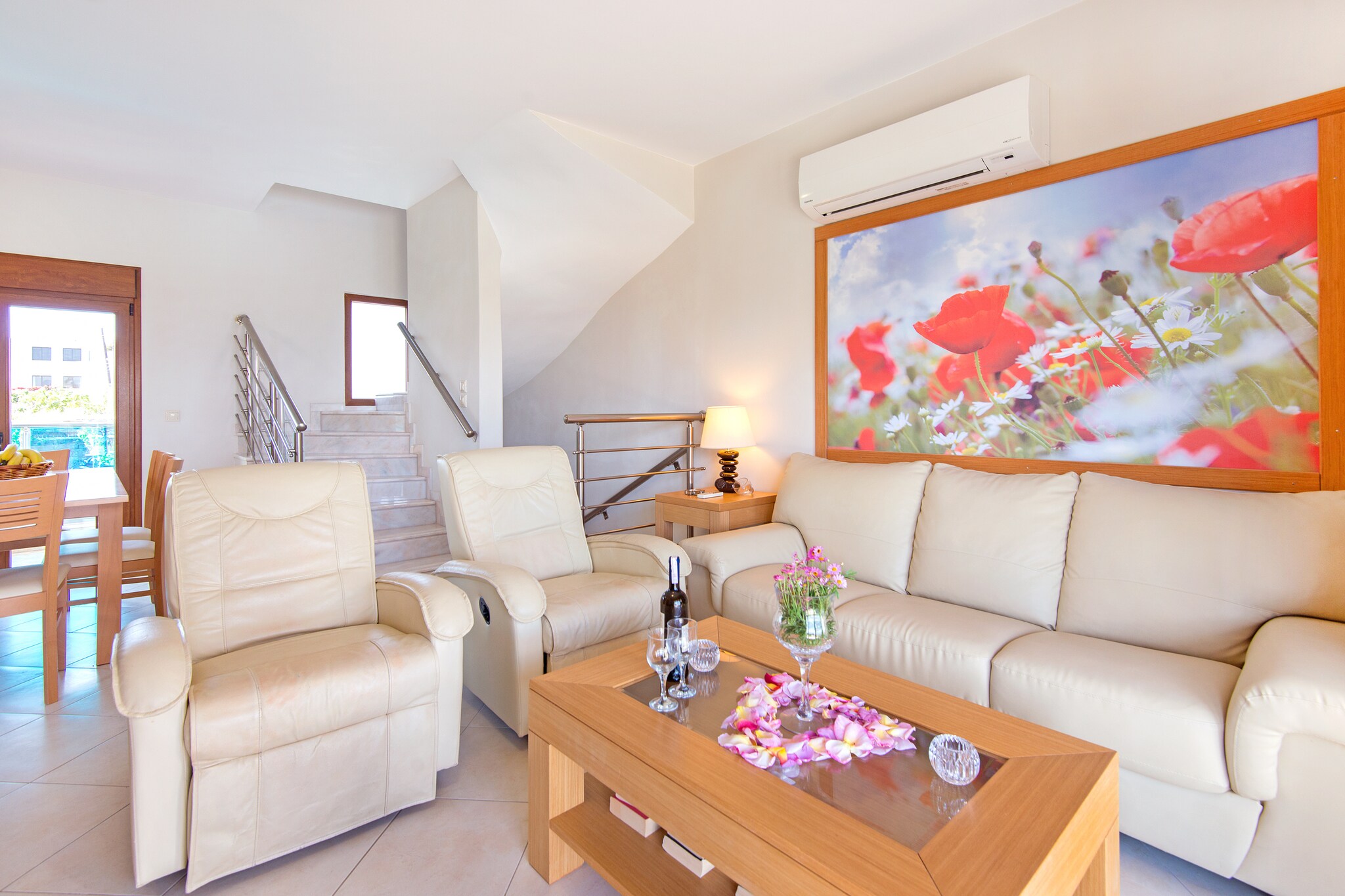 Wake up to the gentle sound of the sea and uninterrupted views of the horizon in these four stylish semi-detached holiday homes, set in one of the most sought-after locations in Kiotari, in the southeast of Rhodes. With only a narrow strip of grass separating you from the 10-kilometre-long sand and pebble beach, the sea feels almost like an extension of your private garden. Here, days unfold at an unhurried pace, framed by blue skies, shimmering water, and warm island breezes.
Each three-storey house is designed for relaxed coastal living and offers generous space, comfort, and privacy. Inside, the bright living and dining area flows into a fully equipped open kitchen, ideal for preparing leisurely breakfasts or shared evening meals. Three comfortable bedrooms provide flexible sleeping arrangements, while two well-appointed bathrooms add a touch of indulgence, including a soothing bubble bath. Modern comforts such as air conditioning, satellite TV, and a washing machine ensure a carefree stay, whether you are visiting for a short escape or a longer seaside holiday.
Outside, your private garden becomes the heart of your stay. Take a refreshing dip in your own swimming pool, enjoy long lunches on the furnished terrace, or fire up the barbecue as the sun sets over the Aegean. Within 500 metres, you’ll find welcoming taverns, two supermarkets, and a pastry shop, while the village centre of Kiotari lies just 750 metres away. This is an ideal retreat for families or friends seeking space, sea views, and the simple pleasure of living just steps from the beach.