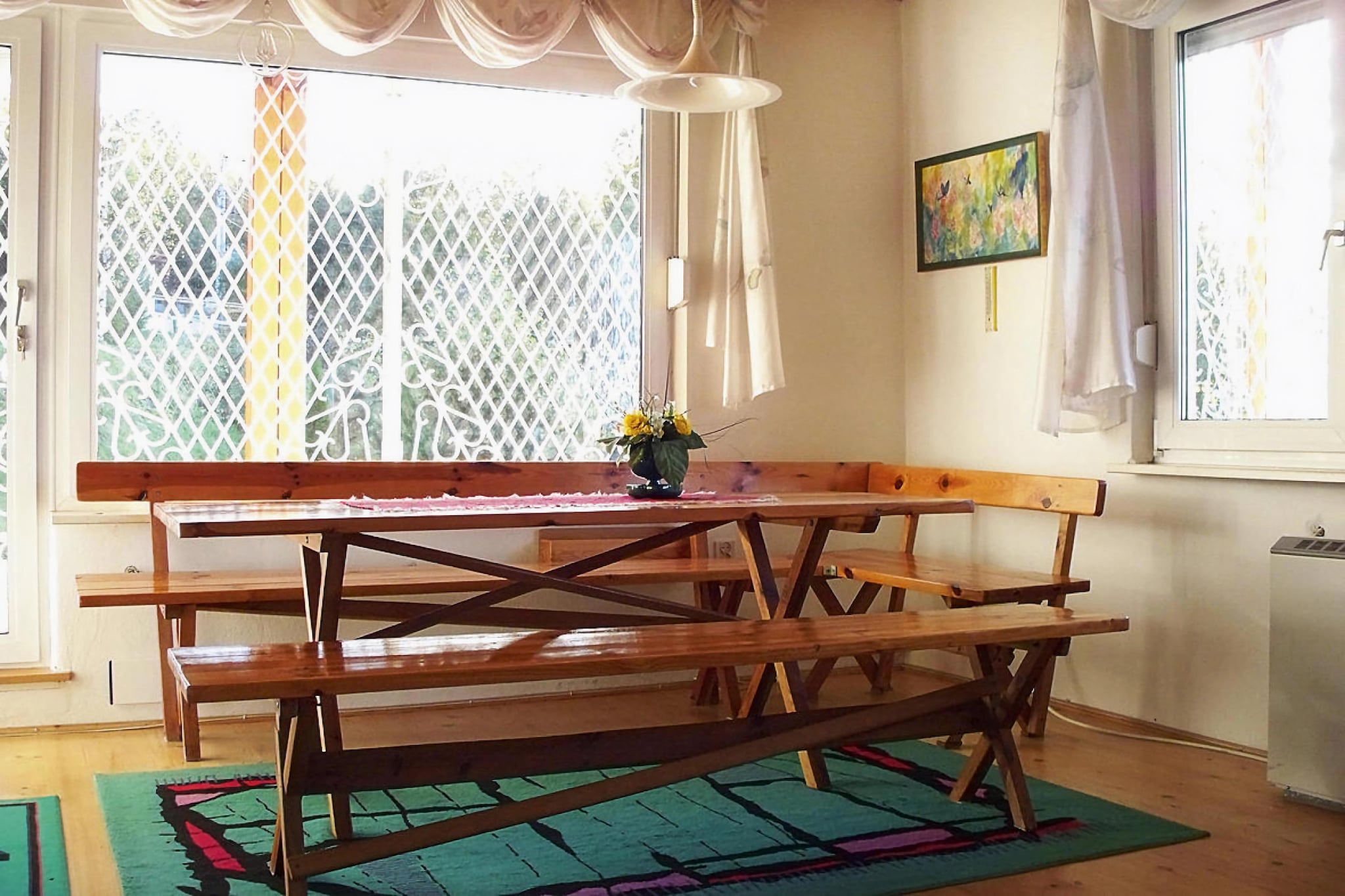 Living room(TV(satellite), radio), open kitchen(stove, coffee machine, oven, grill, fridge, freezer), bedroom(double bed), bedroom(2x single bed), bedroom(single bed), bedroom(single bed), bathroom(shower, toilet), bathroom(shower, toilet), garage, fireplace, washing machine, heating(central), terrace, garden, garden furniture, BBQ, parasol, sand pit, Swing set, baby crib(free)