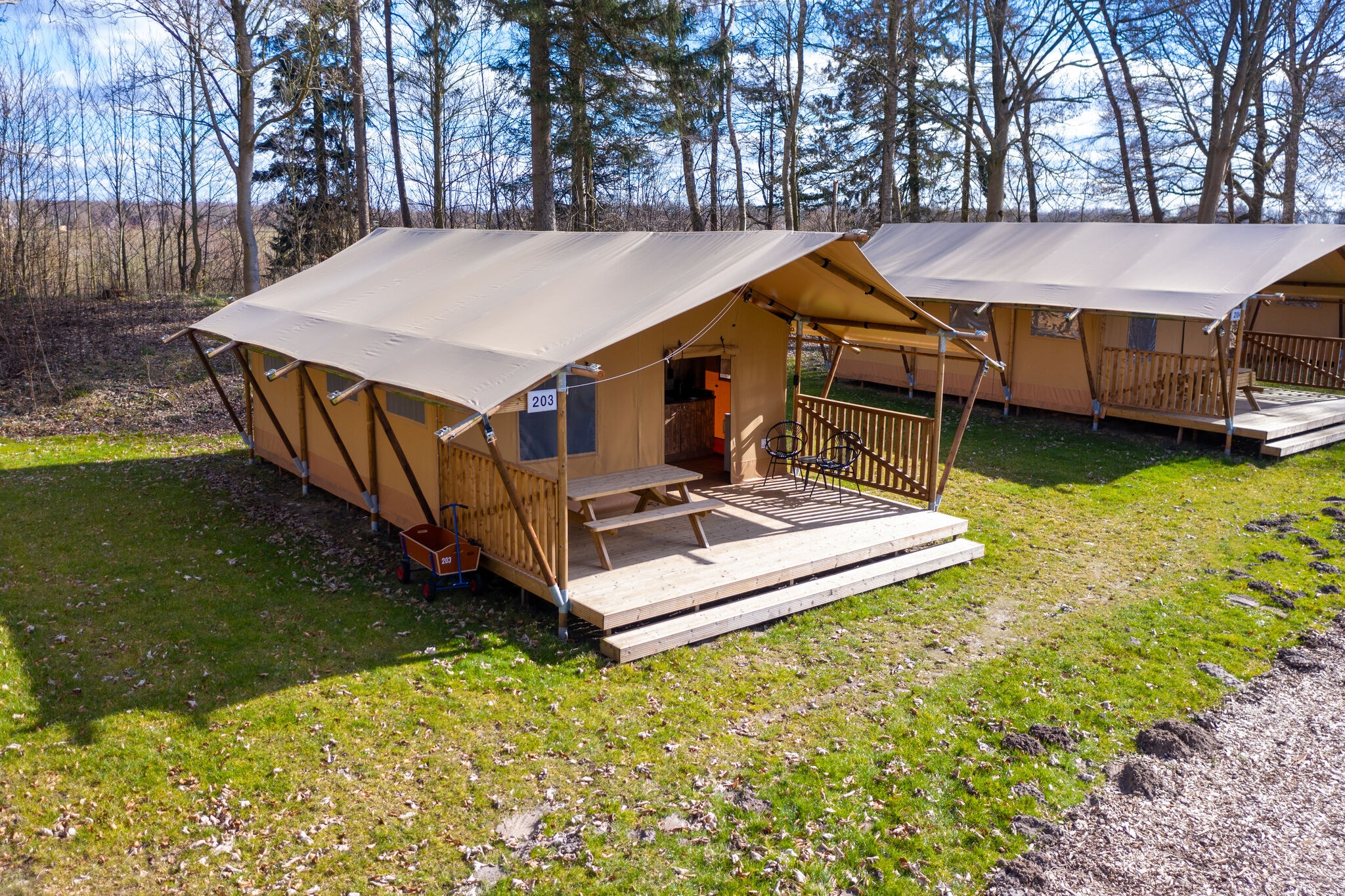 Nice safari tent with kitchen, at a recreational lake