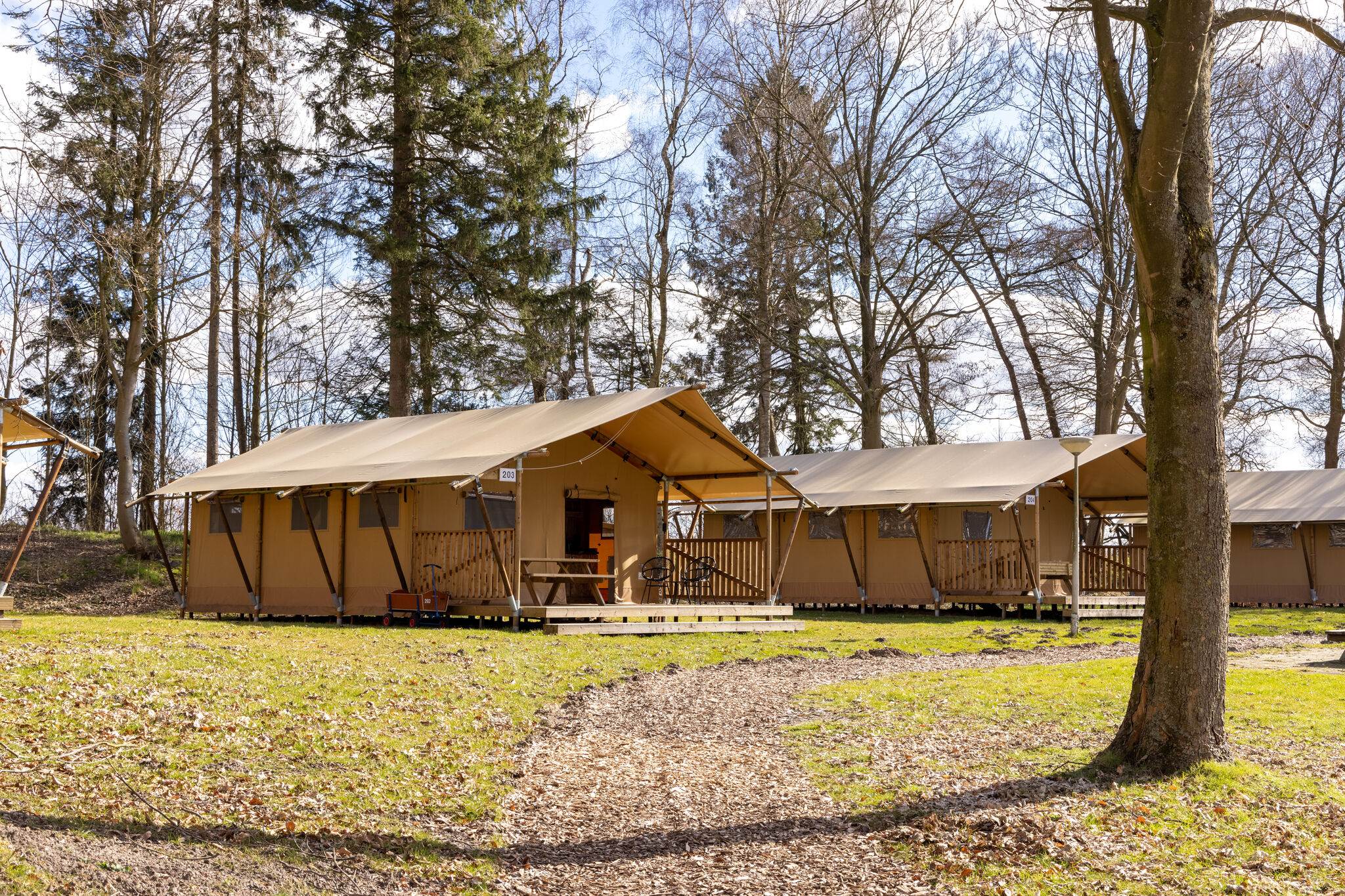 Nice safari tent with kitchen, at a recreational lake