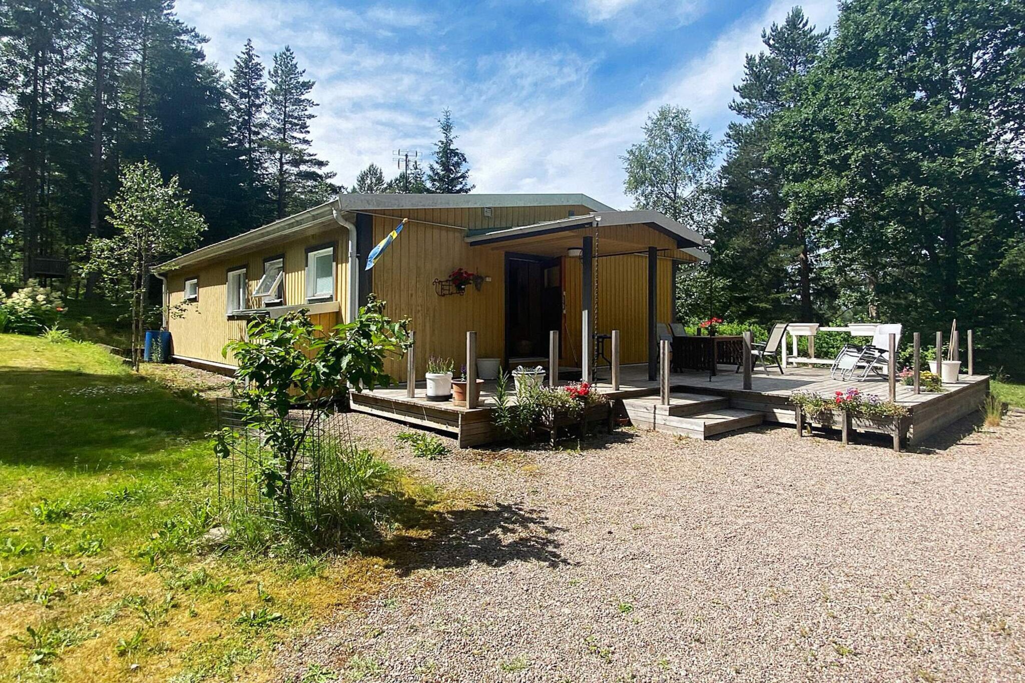 Here you will find a cozy little cottage in a small cottage area with only 150 meters from Lake Nackebo. There is a common bathing area that the about 10 houses share. The cottage is divided into two houses. Where the main house has a room with sink, a kitchen, living room and two bedrooms. In one bedroom there is a 105cm bed and in the other room there is a 90cm bed that can be divided so that it becomes a 180cm bed. In the second cottage opposite there is a bathroom with a combustion toilet and shower as well as a bedroom with a double bed and a small kitchen corner that contains a refrigerator and coffee maker. There is an extra bed outside in this room with so that the cottage can accommodate up to 6 people. The owner recommends taking a trip around Nackebosjön, a walk that takes about 3 hours. On the other side of the lake there is also a bathing place with a sandy beach if you want to get to a different bathing place than the one below the house. If the house's cozy location with the fantastic little lake does not fully satisfy your desire to discover, Jönköping is only 25km away. There are a lot of restaurants, cafes and shopping for those who wish. In Jönköping there is also a large indoor pool, Rosenlundsbadet. At Ryfors, 22 km north of the cottage, there is a nice 18-hole golf course. Ryfors Golf Course is Sweden's oldest. In 1988, 100 years later, the course was reopened by Ryfors golf club and in 1996 it became a modern 18-hole golf course.