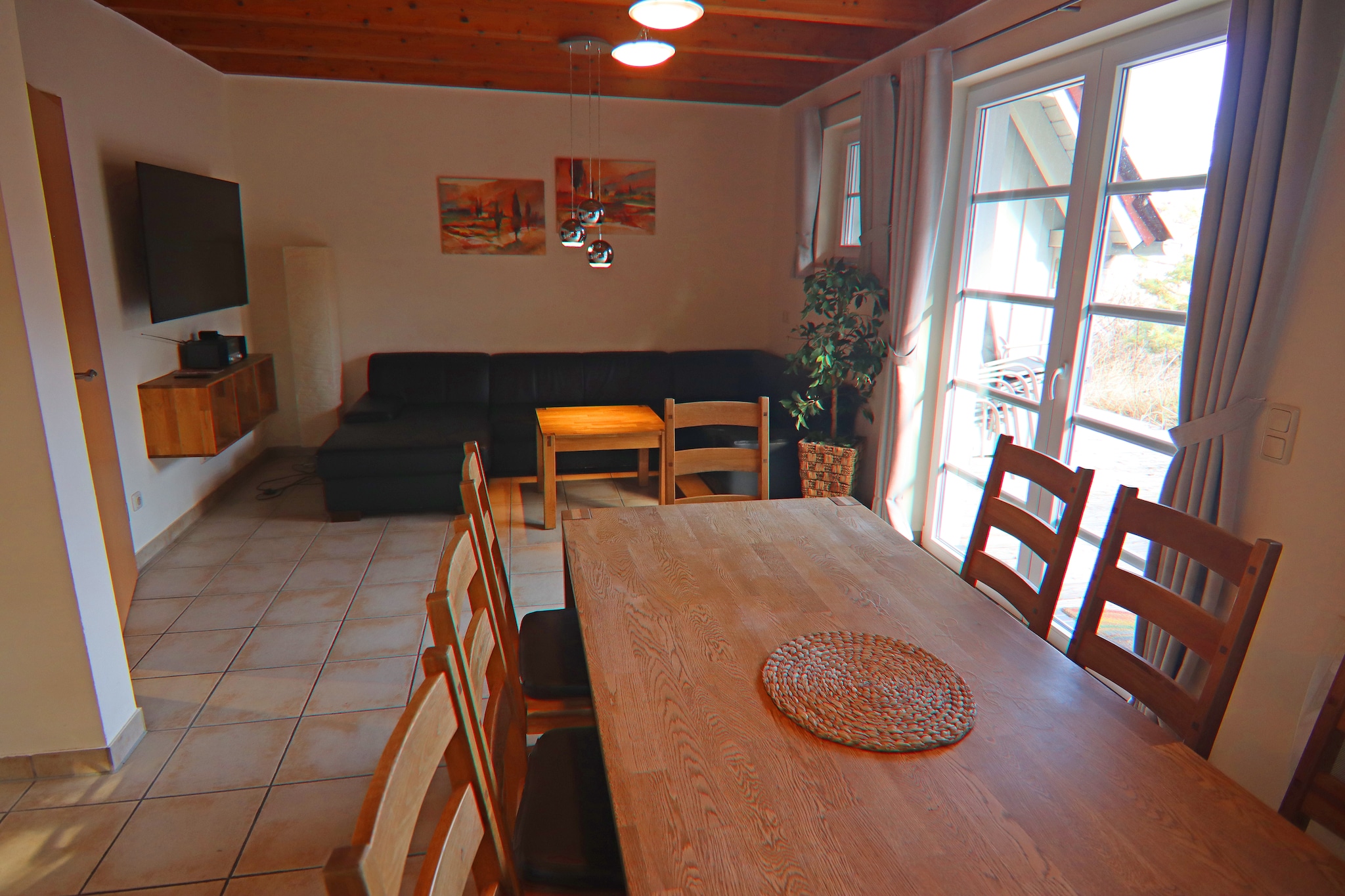 Ground floor: (open kitchen(dining table, hob(4 ring stoves, ceramic), toaster, coffee machine, oven, microwave, dishwasher, fridge-freezer), Living/diningroom(TV, radio, CD player), bedroom(double bed), bathroom(shower, toilet), washing machine)\n\nOn the 1st floor: (bedroom(double bed), bedroom(2x single bed), bathroom(shower, sauna(private), toilet))\n\nAttic: (bedroom(2x single bed))\n\nheating(floor heating), terrace, garden furniture, parking, parking, high chair, baby crib(paid), Towels/Sheets (extra fee)