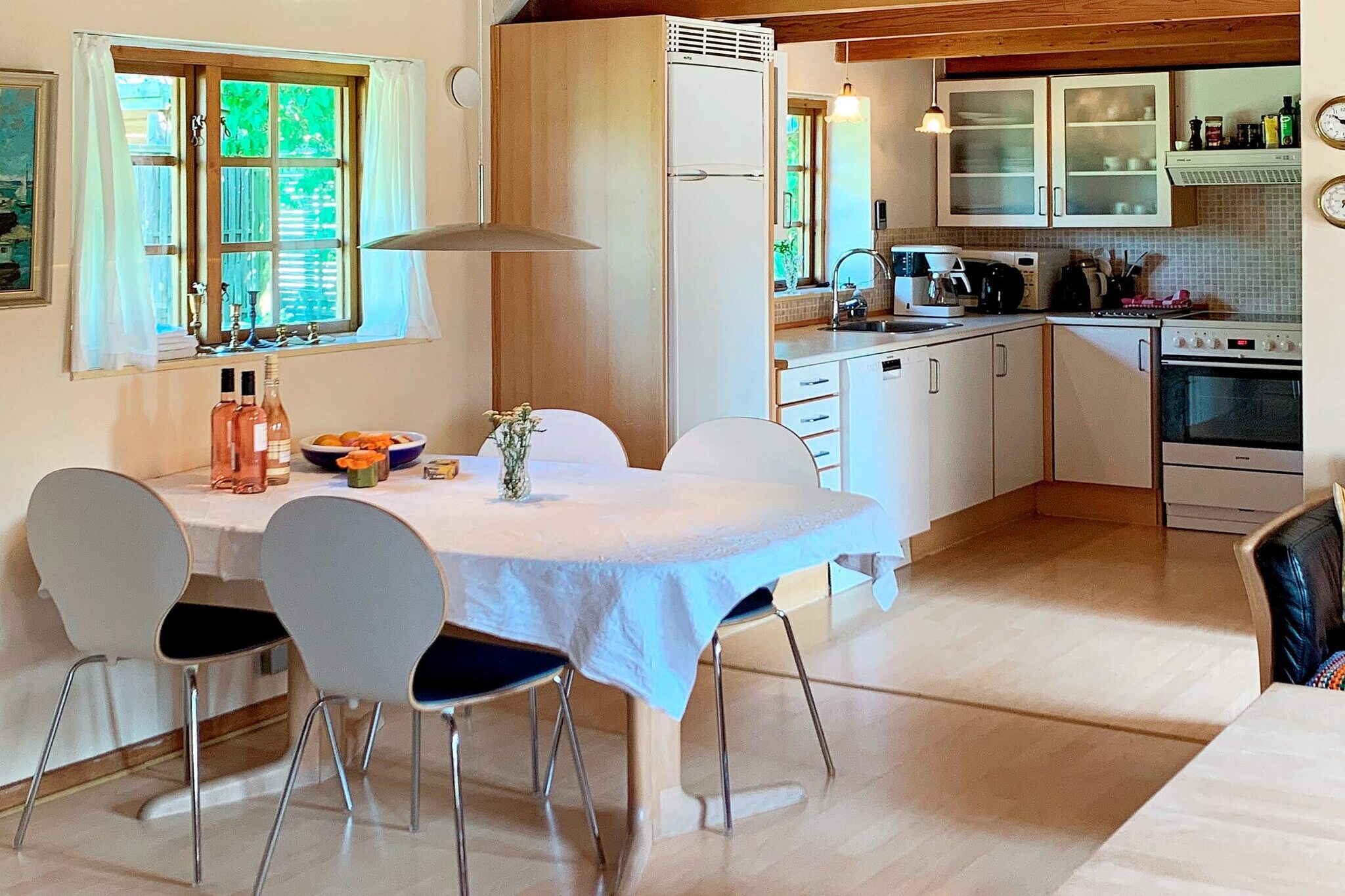 Internet Access DSL, Kitchen(cooker(electric), coffee machine, microwave, dishwasher, fridge-freezer), Living/bed room(TV, stereo unit), bedroom(double bed), bedroom(3x single bed), bathroom(washbasin, shower, toilet, washing machine), balcony, heating(electric), terrace, garden furniture, play equipment, air to air heatpump