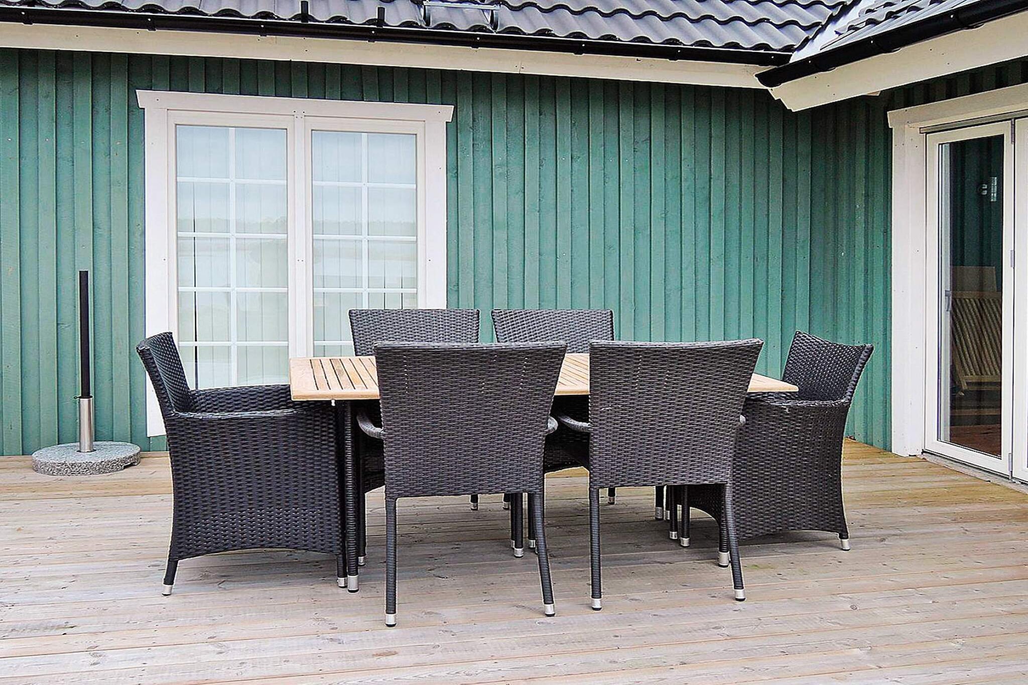 Living room(TV(swedish TV channels)), open kitchen(cooker(electric), hood, coffee machine, microwave, fridge-freezer, high chair, water from well), bedroom(double bed), bedroom(2x single bed), bathroom(floor heating)(washbasin, shower, toilet, washing machine), sauna(indoor, 4 persons), heating(electric), terrace(garden furniture, BBQ), air to air heatpump