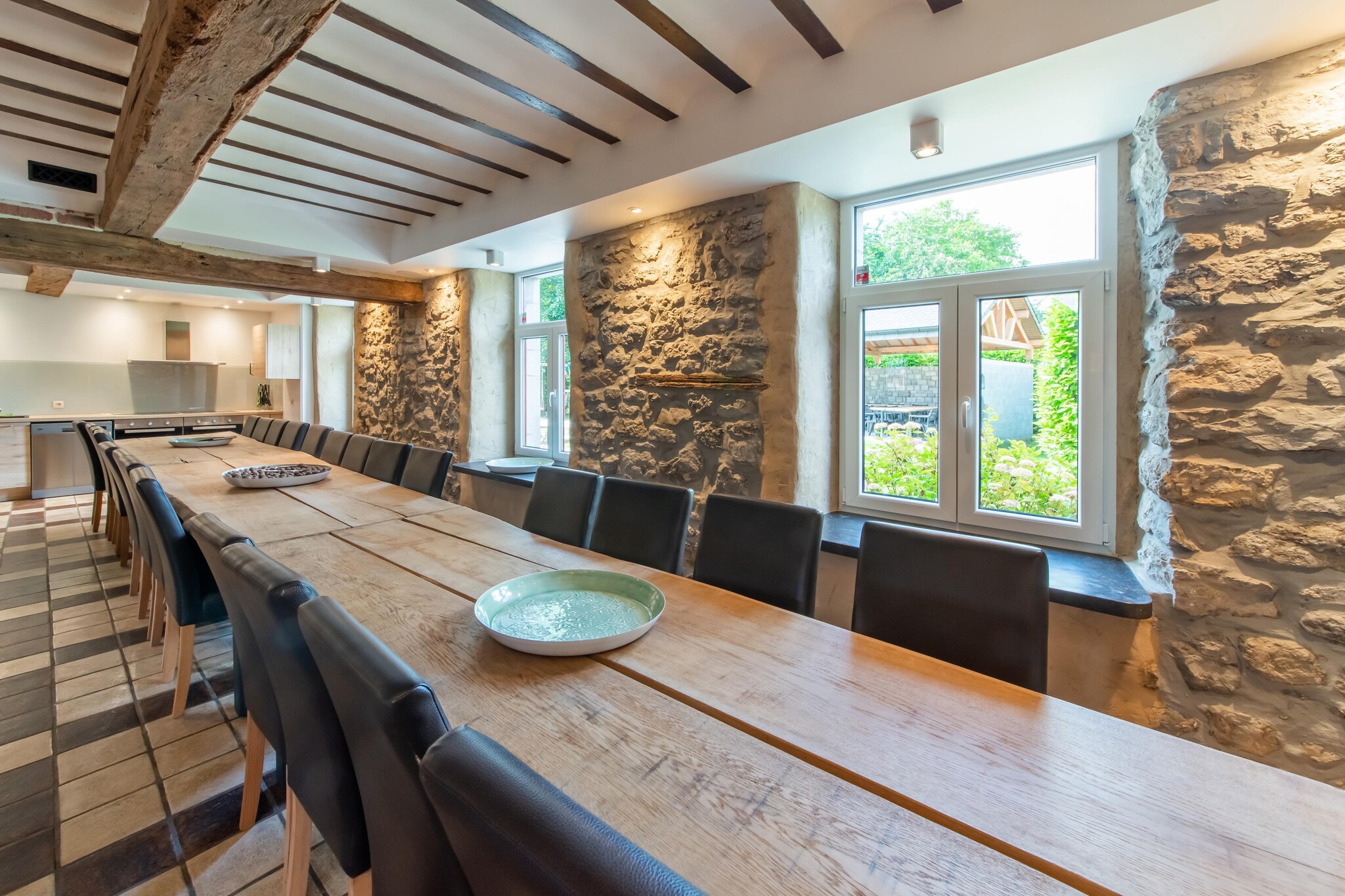 Ground floor: (Living room(radio, CD player, billiards), Living room(fireplace), open kitchen(electric kettle, cooker(8 ring stoves, ceramic), coffee machine(filter), 2x oven, microwave, 2x dishwasher, fridge, fridge-freezer), toilet(washbasin, toilet), toilet(washbasin, toilet), toilet(washbasin, toilet))\n\nOn the 1st floor: (bedroom(3x single bed, bunk bed), bedroom(2x single bed, bunk bed), bedroom(2x single bed), Bedroom with bathroom(2x single bed, shower, washbasin), Bedroom with bathroom(double bed, shower, washbasin, toilet), Bedroom with bathroom(double bed, shower, washbasin, toilet), Bedroom with bathroom(double bed, shower, washbasin, toilet), Bedroom with bathroom(3x bunk bed, shower, washbasin, toilet), Bedroom with bathroom(double bed, shower, washbasin, toilet), bathroom(massage shower, washbasin, toilet, bidet), bathroom(massage shower, washbasin, toilet))\n\nshower(outside), sauna, garden(fenced), garden furniture, BBQ, play equipment