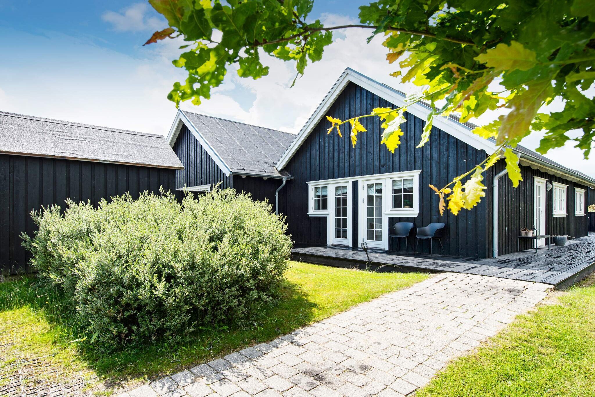 Kitchen(cooker(electric), hood, coffee machine, dishwasher, fridge-freezer), Living/bed room(TV(german television channels, danish TV channels (DR1 and TV2)), high chair, chromecast), bedroom(2x single bed), bedroom(2x single bed), bedroom(2x single bed), bathroom(floor heating)(tumble dryer, washbasin, shower, toilet, washing machine), bathroom(floor heating)(washbasin, shower, toilet), Bubble bath(indoor, heated, 2 persons), sauna(indoor, 4 persons), heating(electric), terrace, play equipment