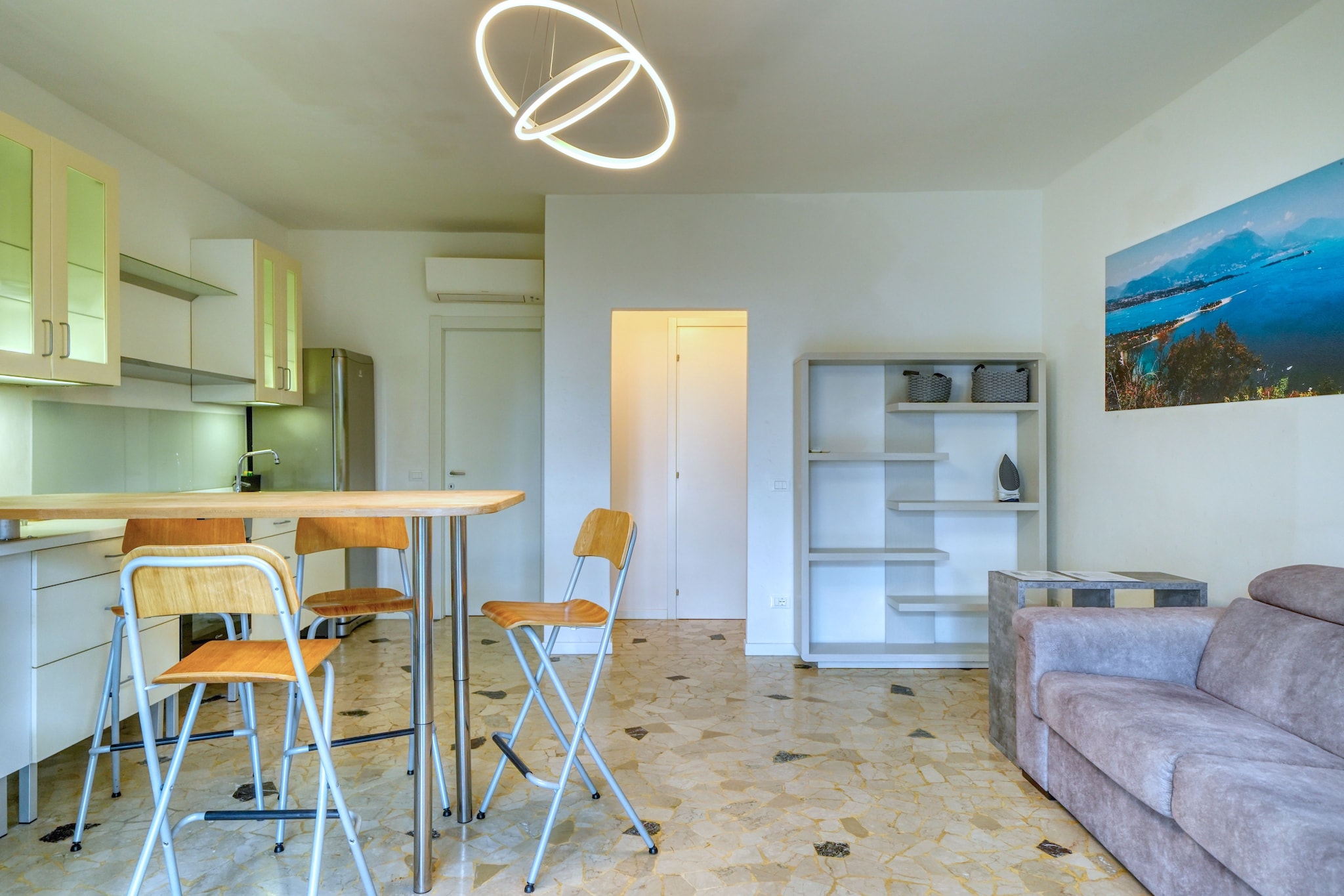 Ground floor: (open kitchen(hob(induction), oven, microwave), Living/diningroom(double sofa bed, TV(satellite)), bedroom(double bed), bedroom(bunk bed), bathroom(shower, washbasin, toilet, bidet), air conditioning)\n\nterrace(private), garden(shared with other guests), garden furniture, BBQ, parking, swimming pool(shared with other guests, 11 x  5 m., opened from Jun upto and including Sep), play equipment