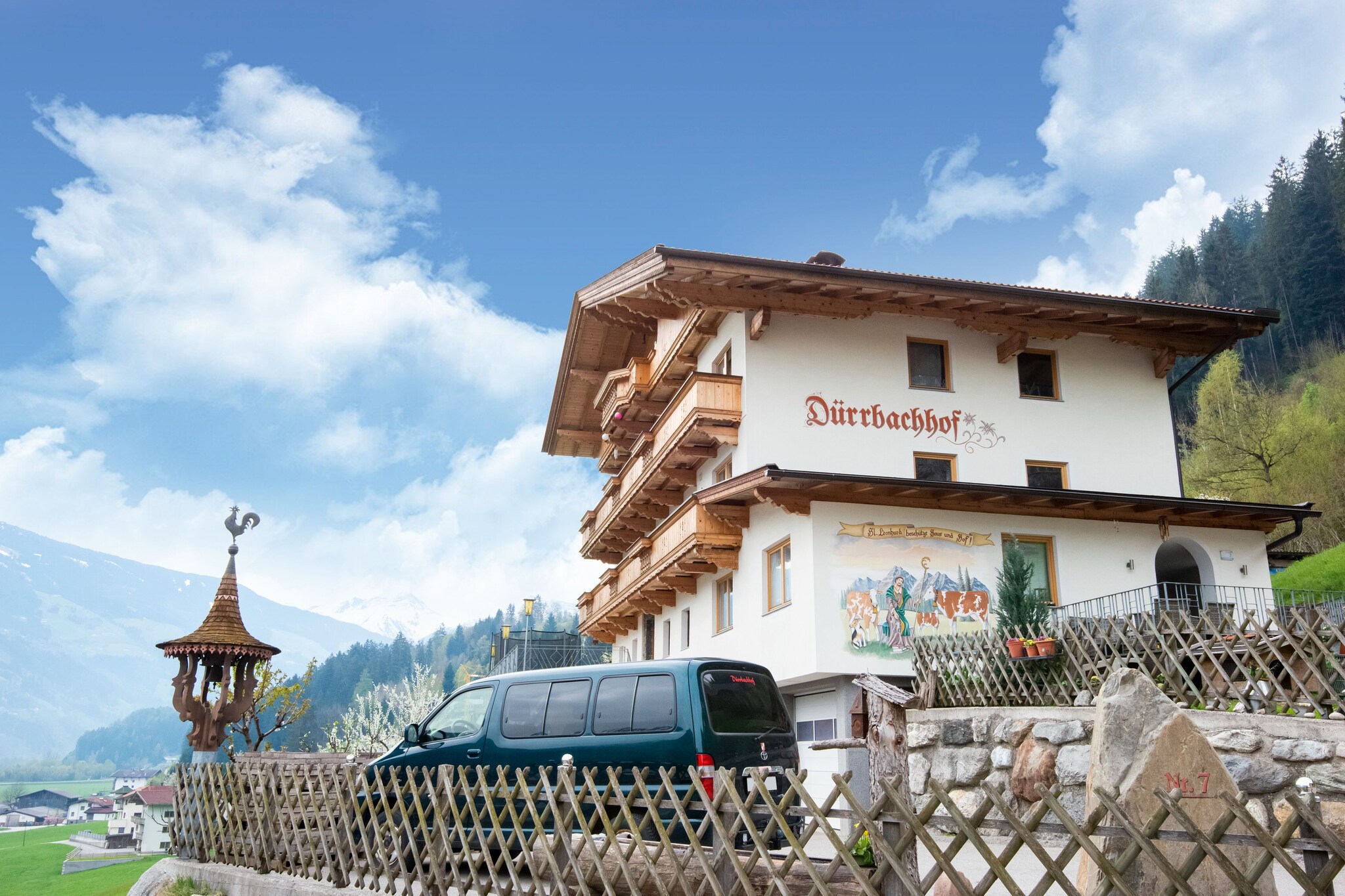 On the 1st floor: (Large kitchen(single sofa bed, TV, seating area, cooker, coffee machine, oven, microwave, dishwasher, fridge), bedroom(double bed, TV, washbasin), bedroom(double bed, washbasin), bedroom(double bed, washbasin), bedroom(bunk bed, washbasin), bathroom(shower, washbasin, hairdryer), toilet(washbasin, toilet))\n\nski storage(ski boot heaters), terrace, garden, BBQ, parking