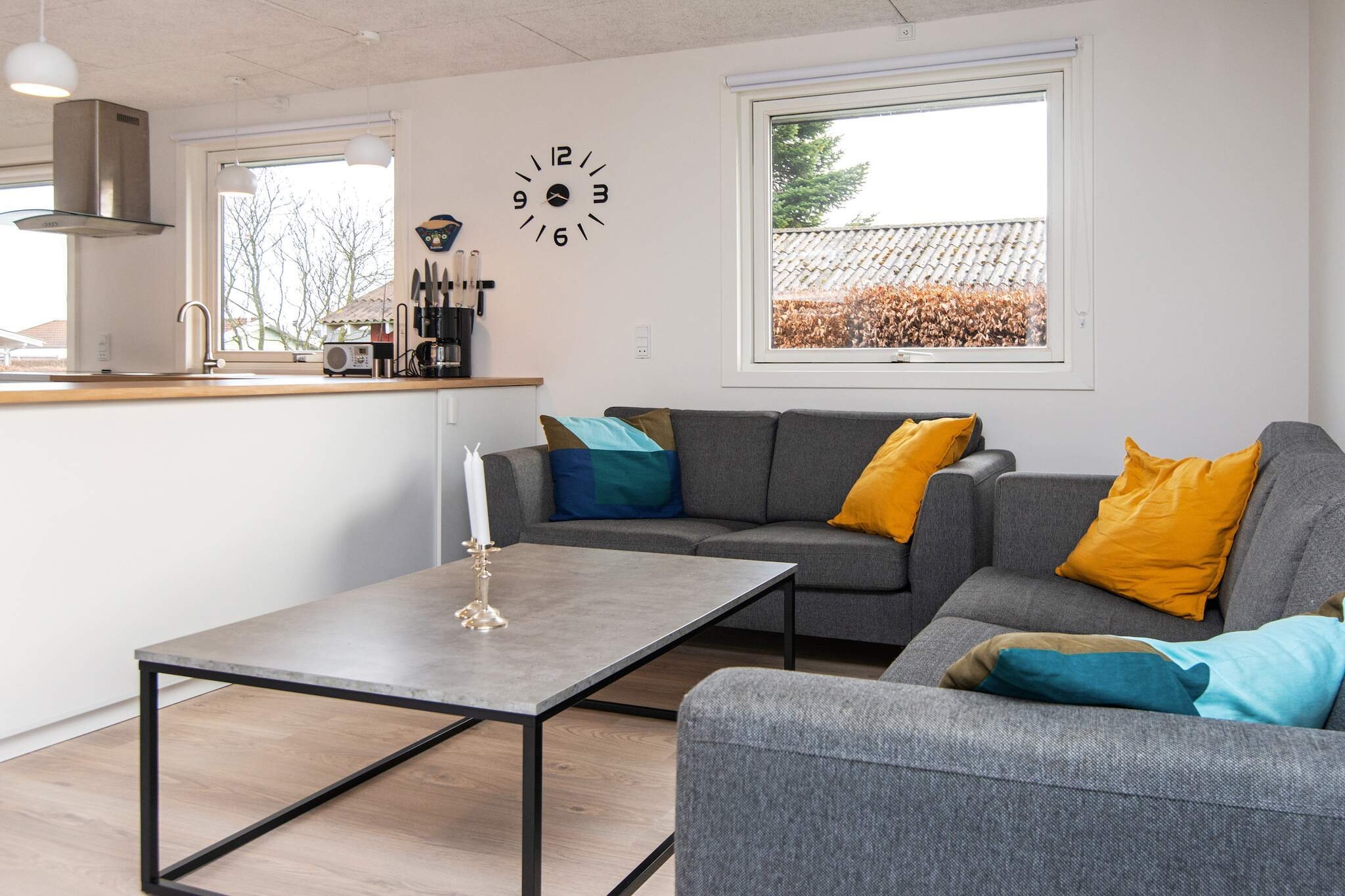 Kitchen(cooker(electric), hood, coffee machine, microwave, dishwasher, fridge-freezer), Living/bed room(TV, stereo unit, high chair), bedroom(double bed), bedroom(4x bunk bed), bathroom(washbasin, shower, toilet, washing machine), game computer, heating(electric), terrace, garden, garden furniture, sun loungers, air to air heatpump