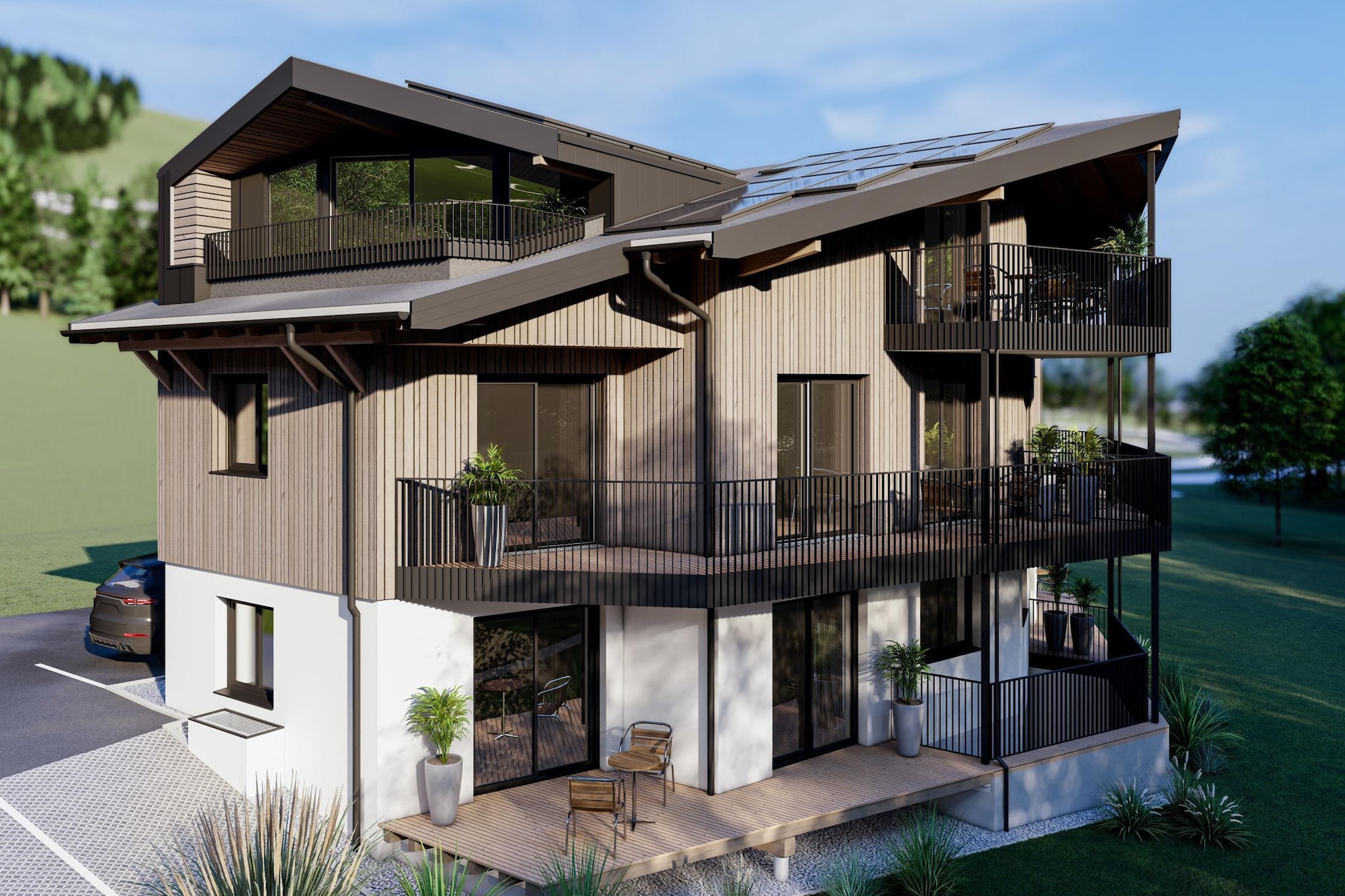 The apartments are stylishly and high-quality furnished, combine tradition with modernity and offer a thoroughly comfortable living experience.
The spacious living and dining area with modern kitchen offers guests comfort. The apartment offers a sofa, a flat screen TV, a fully equipped kitchen with high-quality appliances and a comfortable seating area that can accommodate a total of 6 people. The kitchen is equipped with an induction hob, oven, refrigerator with freezer compartment, dishwasher, kettle, toaster, filter and Nespresso coffee machine. The cozy balcony, with 2 seats and a small side table, can be reached either through the living and dining room or through one of the bedrooms.
In general, the apartment house is equipped with a lift in the stairwell, its own ski and bike room and an electric charging station.
In summer, the Joker Card with numerous offers and discounts is included for free.
The accommodation is located in the center of Saalbach Hinterglemm and is only a few meters away from the “Kohlmaisbahn” ski station. The center of the community with restaurants, bars and shopping opportunities can be reached in a few minutes on foot. Larger ski areas can be reached in less than 10km.