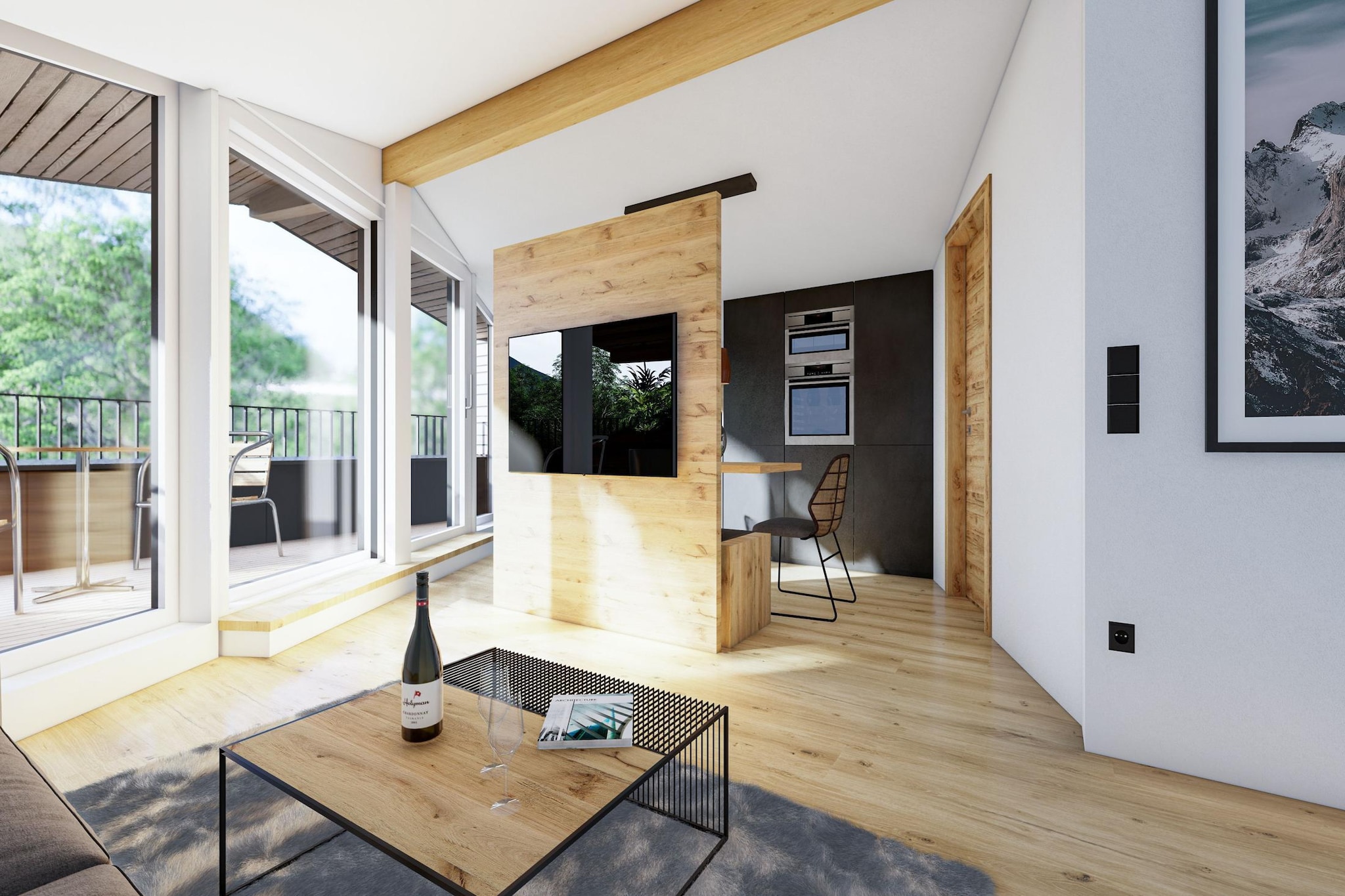 Living room(double sofa bed, TV(satellite), dining table), open kitchen(hob, electric kettle, toaster, coffee machine, oven, microwave, dishwasher, fridge-freezer), bedroom(double bed), bathroom(shower, washbasin, toilet), carport, ski boot heaters, roof terrace, parking