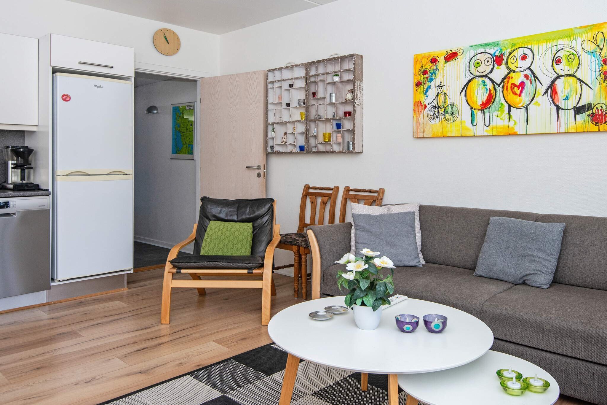 Kitchen(hood, coffee machine, microwave, dishwasher, fridge(+ freezer)), Living/bed room(double folding bed, TV), bedroom(double bed), bathroom(floor heating)(washbasin, shower, toilet), balcony or terrace, heating(electric), garden furniture