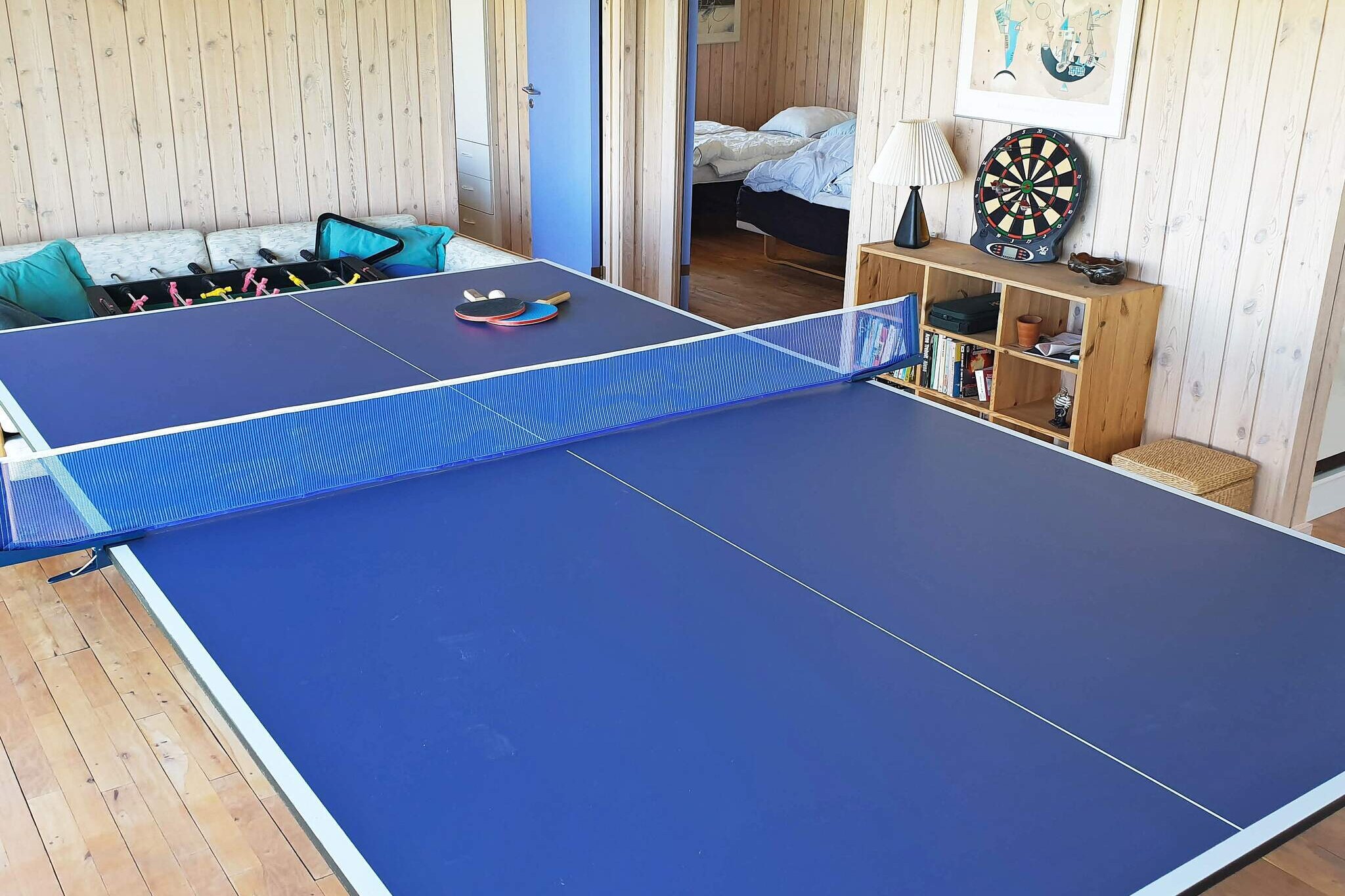 Internet Access DSL, Kitchen(cooker(electric), coffee machine, microwave, fridge-freezer), Living/bed room(TV, chromecast), bedroom(2x single bed), bedroom(2x single bed), bedroom(2x single bed), bedroom(2x single bed), bedroom(2x bunk bed), bathroom(washbasin, shower, toilet), bathroom(washbasin, shower), bathroom(washbasin, shower, toilet), heating(electric), terrace, garden furniture, deckchairs, table tennis table, table football, darts, billiards