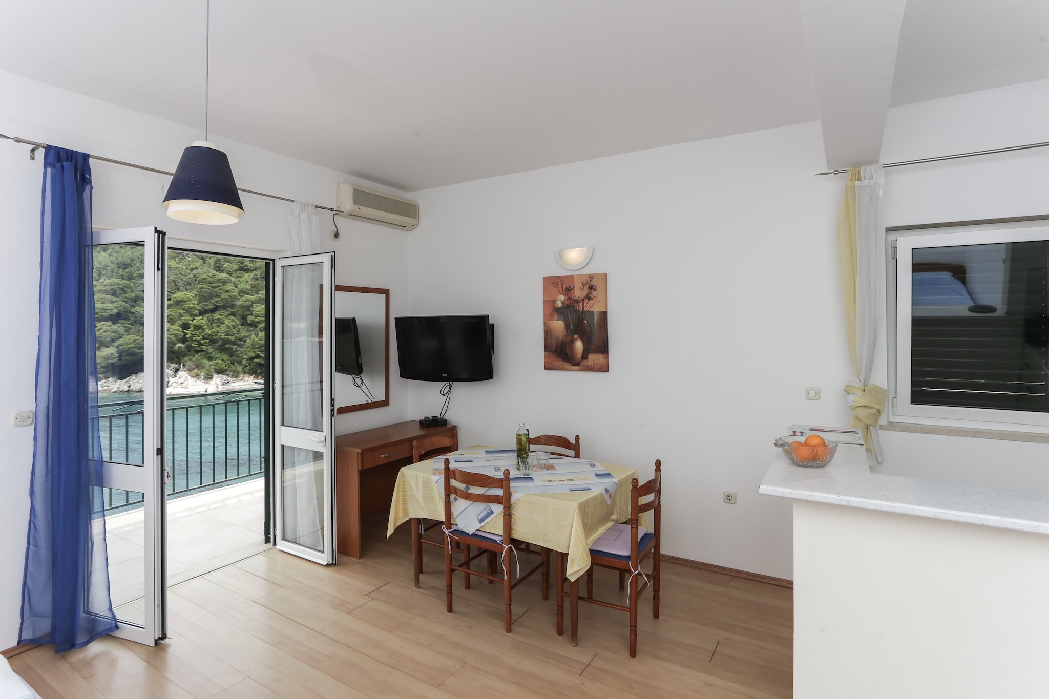 Apartments Posta offer seven self-catering accommodation units in Saplunara, quiet little place in a beautiful bay on the eastern side of the island of Mljet.
Luggage storage before check in and after check out are available.
Free private parking is available on site and reservation is not needed.
This lovely studio apartment can comfortably accommodate up to three persons.
It features air condition, free Wi-Fi and LCD cable TV. Kitchenette is well equipped and comes with dining area. Private bathroom includes shower and hair dryer.
Furnished balcony with sea view is at guests disposal.
Ironing facilities are available upon request.
Apartments Posta are located in Saplunara famous by sandy beaches. Nearest grocery store and bus stop are 700 m away from the property. Bar and restaurant can be found within 500 m. Closest sandy beach is walking distance from the property, only 150 m away.
Closest ferry port is Sobra, 15 km away. Dubrovnik 31 km (with boat)