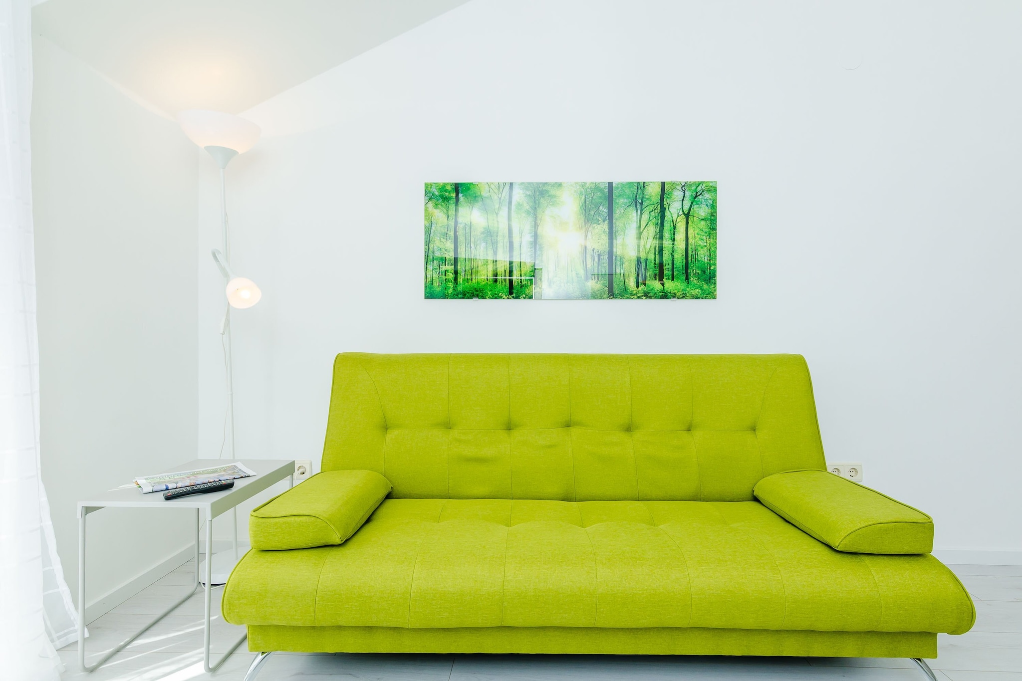 On the 2nd floor: (Living room(TV, dining table), Kitchen(stove, electric kettle, toaster, coffee machine, microwave, fridge, freezer), Living/bed room(single sofa bed), bedroom(double bed), bathroom(shower))\n\nbalcony, air conditioning, terrace, garden, parking, high chair, hairdryer