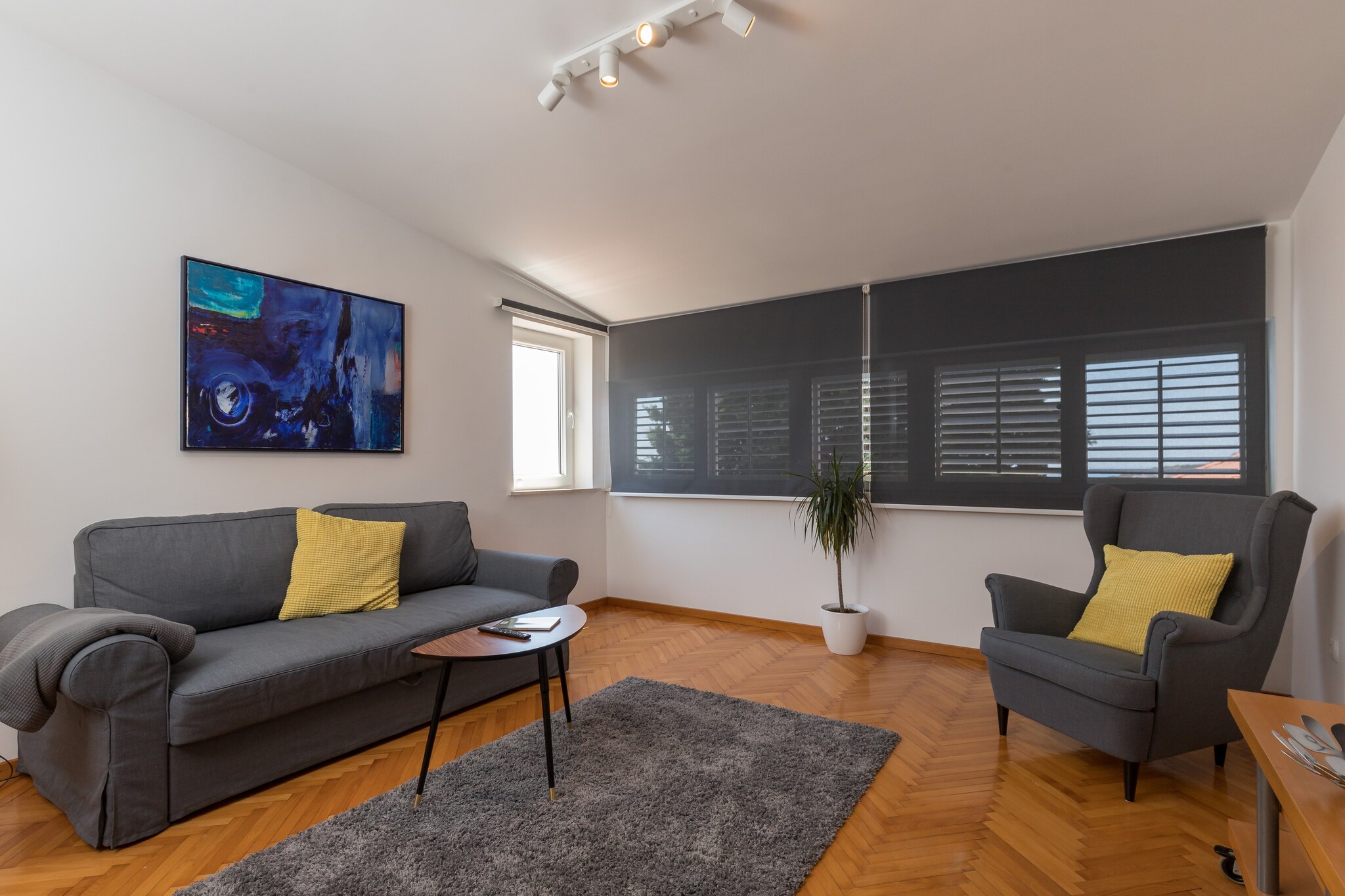 On the 2nd floor: (Living room(TV), Kitchen(dining table, stove, electric kettle, hood, coffee machine, microwave, fridge), Living/bed room(double sofa bed), bedroom(double bed), bathroom(shower, hairdryer), toilet)\n\nwashing machine, patio, air conditioning