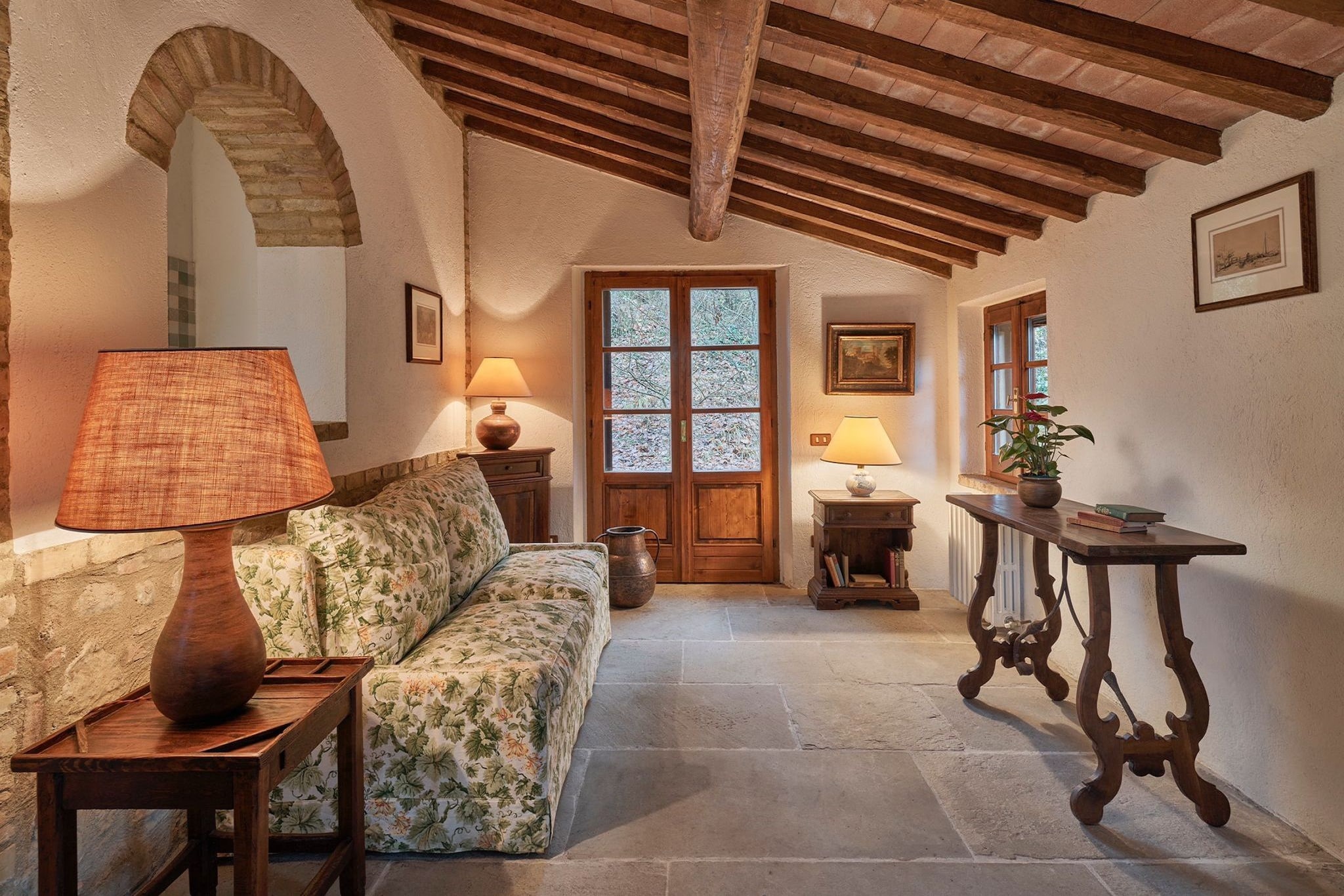 Ground floor: (Living room(double sofa bed), dining room(dining table), Kitchen(stove, toaster, coffee machine, oven, microwave, dishwasher, fridge, high chair), Bedroom with bathroom(double bed, shower, washbasin, toilet, bidet, hairdryer))\n\ntumble dryer, washing machine, air conditioning, terrace, garden(private, 150 m2), BBQ, parking, swimming pool(shared with other guests, 13 x  6 m., opened from Apr upto and including Sep)