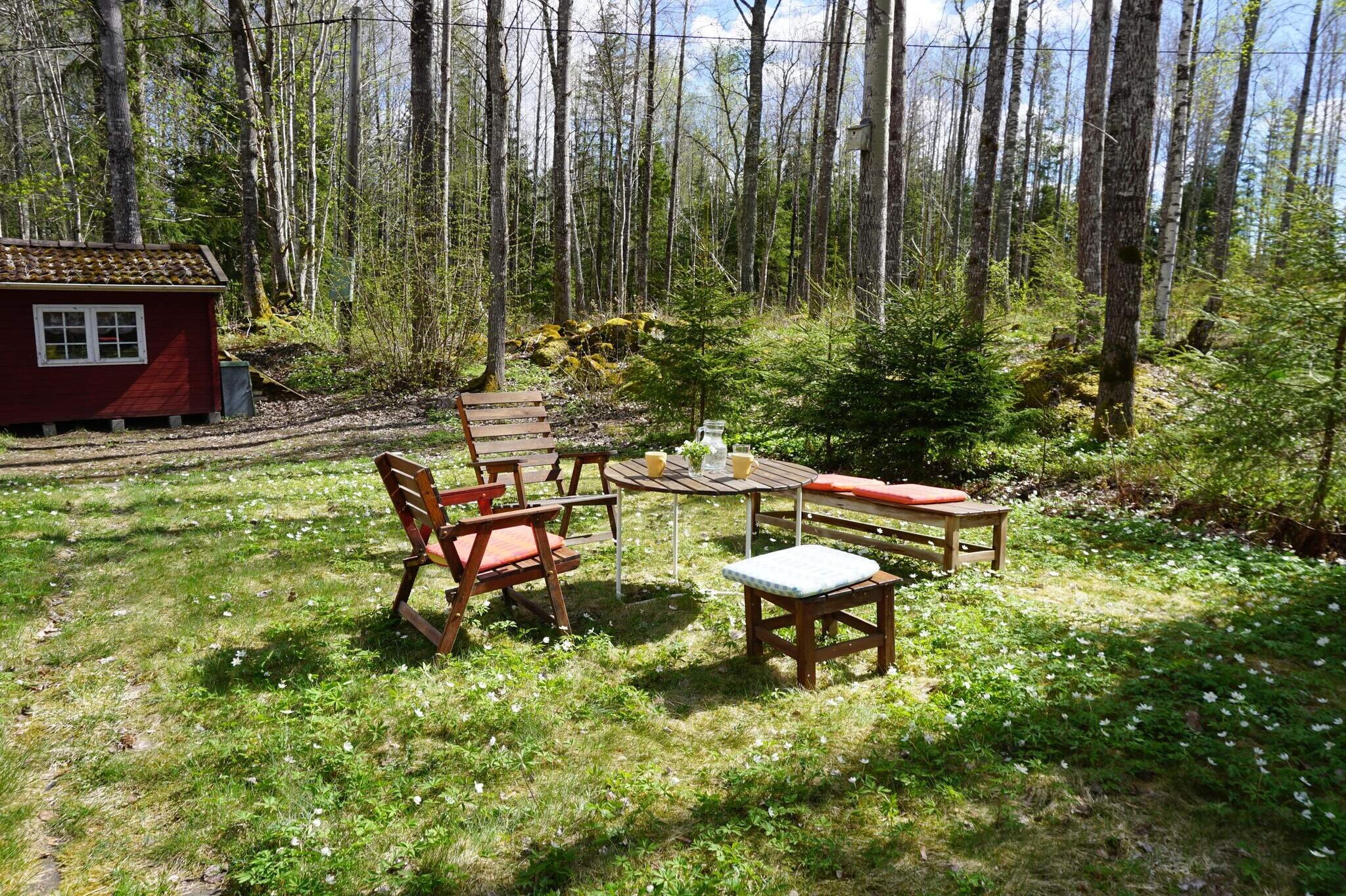 open kitchen(cooker(electric), coffee machine, microwave, fridge-freezer, water from well), Living/bed room(single folding bed, fireplace), bedroom(single bed), bedroom(single bed), bedroom(2x single bed), bathroom(washbasin, shower, toilet), heating(electric), garden, garden furniture, BBQ, parking, air to air heatpump