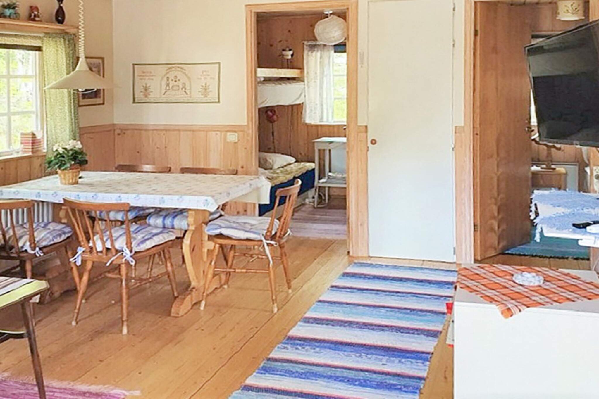 Annex(20 m2): (2x single bed)\n\nopen kitchen(cooker(electric), hood, coffee machine, oven, microwave, fridge-freezer, water from well), Living/bed room(TV(swedish TV channels), radio), bedroom(2x bunk bed), bedroom(2x bunk bed), bathroom(washbasin, shower, toilet), heating(electric), terrace(roofed), garden furniture, BBQ, parking, air to air heatpump