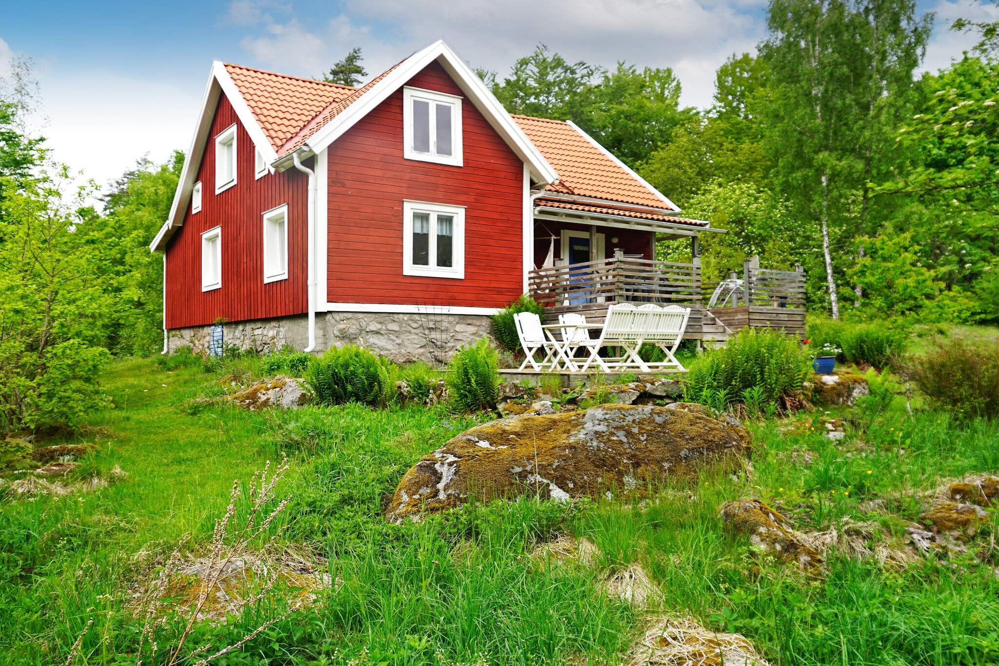 Kitchen(cooker(electric), coffee machine, fridge-freezer, water from well), Living/bed room(DVD player, CD player), bedroom(single bed, double bed), bedroom(4x bunk bed), bedroom(single bed, double bed), bathroom(washbasin, shower, toilet), heating(electric), terrace(20 m2), garden furniture, BBQ, parking, play equipment