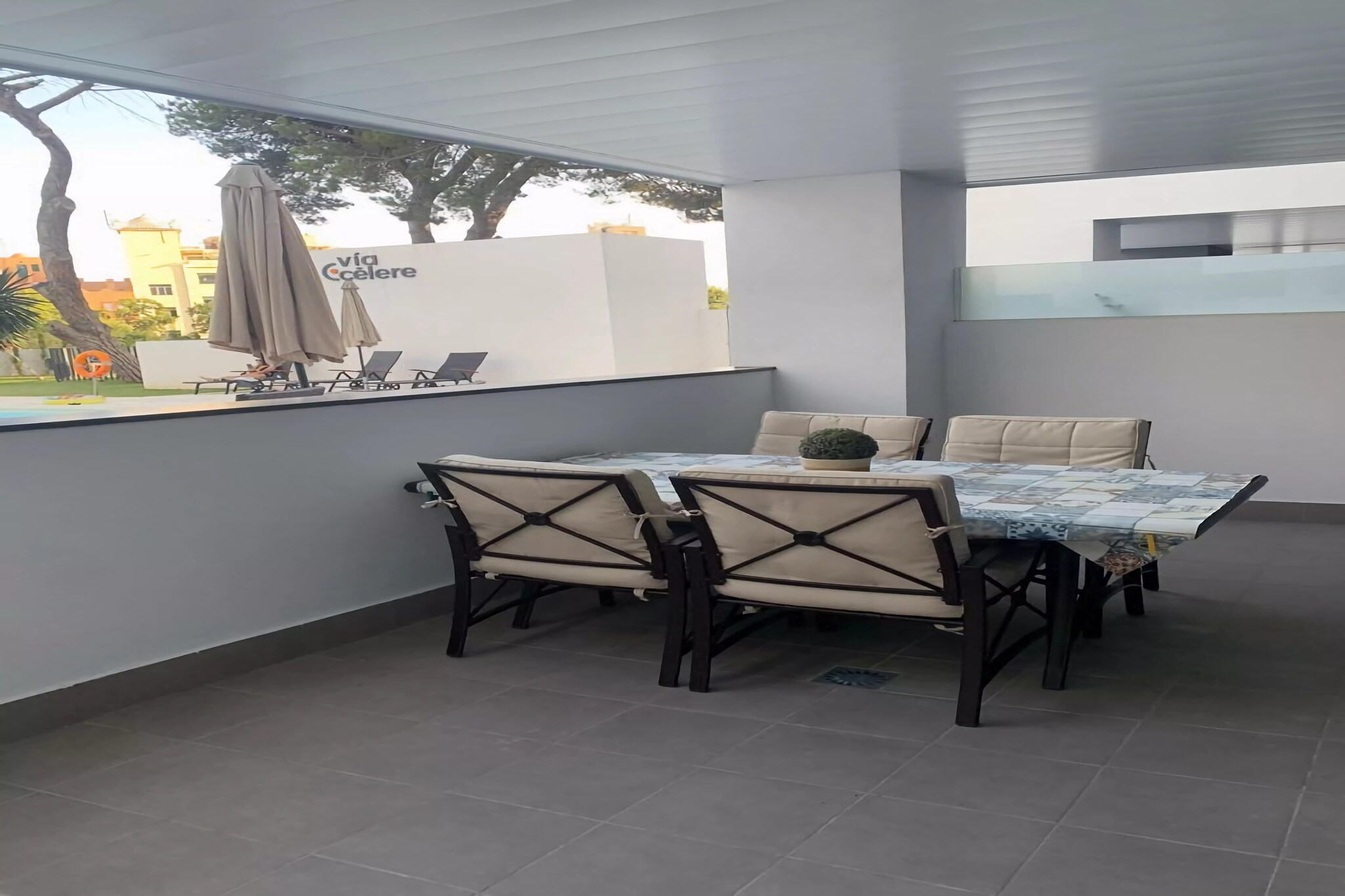 On the 1st floor: (Living room(TV, dining table, seating area, balcony, air conditioning), Kitchen(cooker, oven, microwave, fridge-freezer, washing machine), bedroom(double bed, air conditioning), bedroom(double bed, air conditioning), bathroom(shower, washbasin, toilet), bathroom(shower, washbasin, toilet))\n\ngarden(shared with other guests), parking, swimming pool(shared with other guests), fitness equipment(shared with other guests)