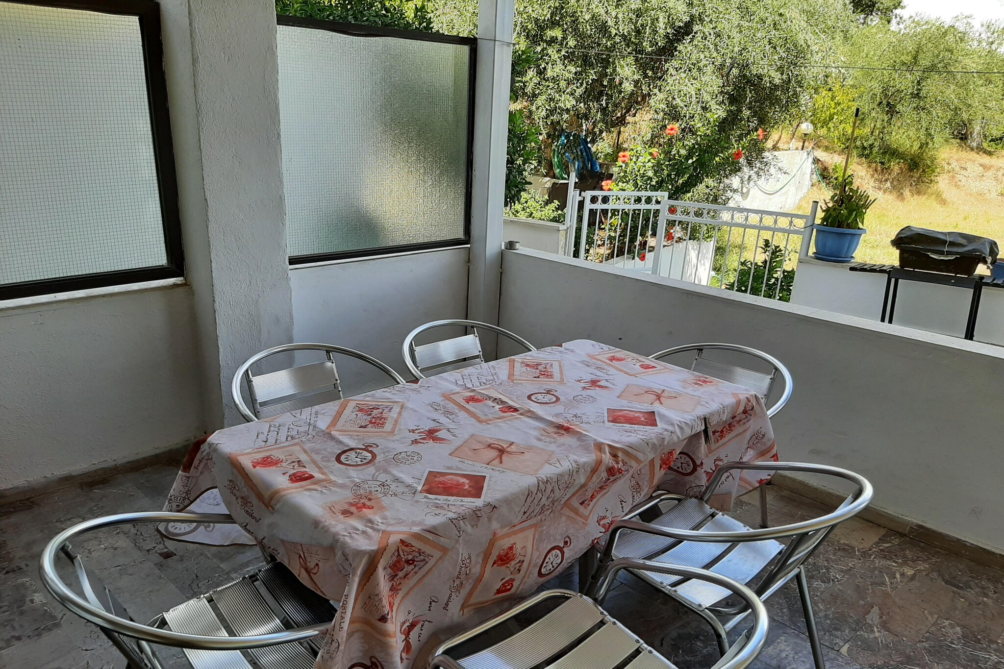 Ground floor: (Kitchenette(electric kettle, cooker, microwave, fridge), Living/bed room(single bed, double bed, TV), bedroom(double bed), bathroom(shower, washbasin, toilet, hairdryer), air conditioning)\n\nbar, terrace, garden furniture, parking, swimming pool(shared with other guests)