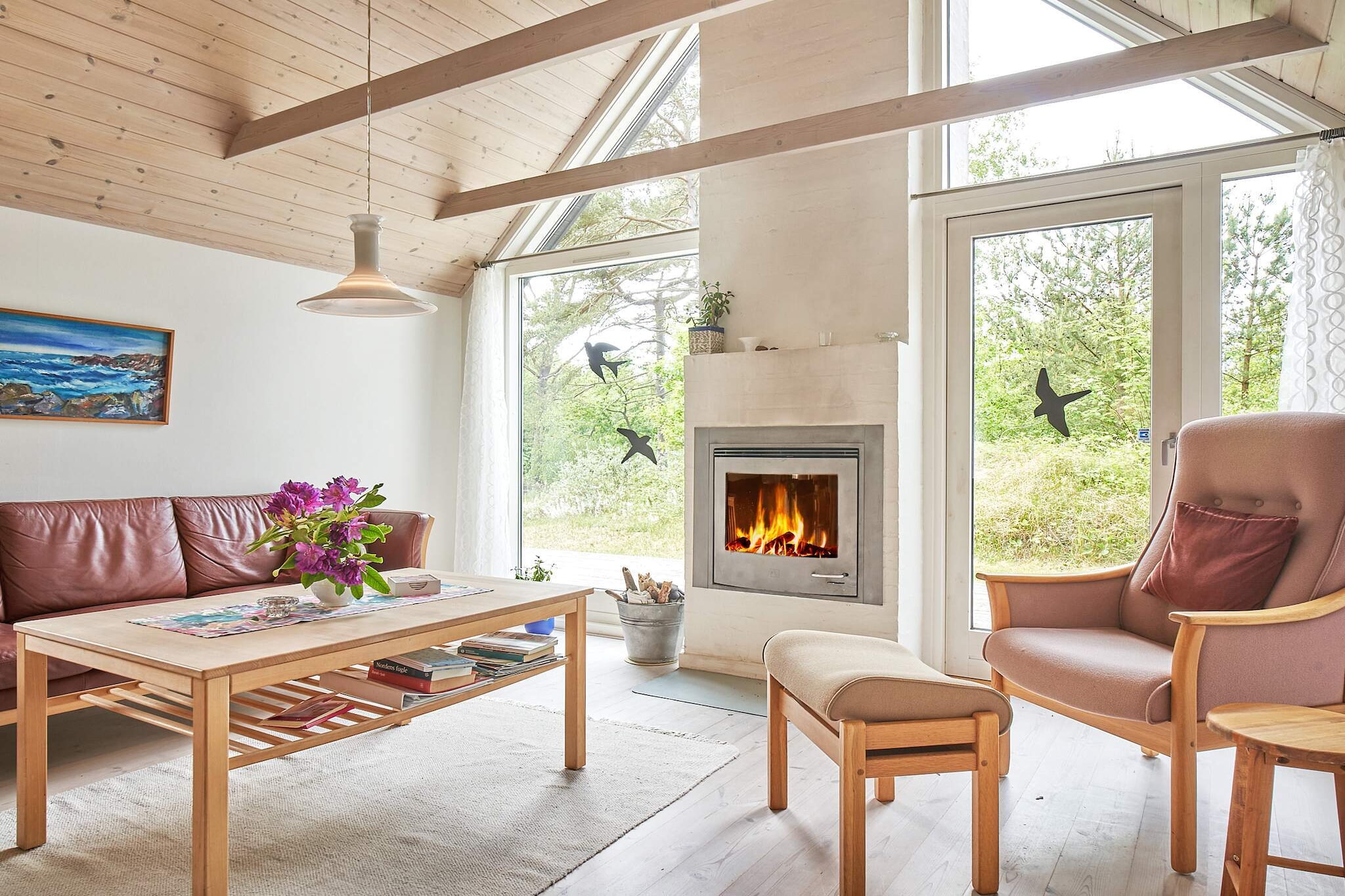 Kitchen(cooker(electric), hood, coffee machine, microwave, dishwasher, fridge-freezer), Living/bed room(TV, stereo unit), bedroom(double bed), bedroom(double bed), bathroom(floor heating)(tumble dryer, washbasin, shower, toilet, washing machine), mezzanine(2x single folding bed), heating(electric), terrace, garden furniture, air to air heatpump