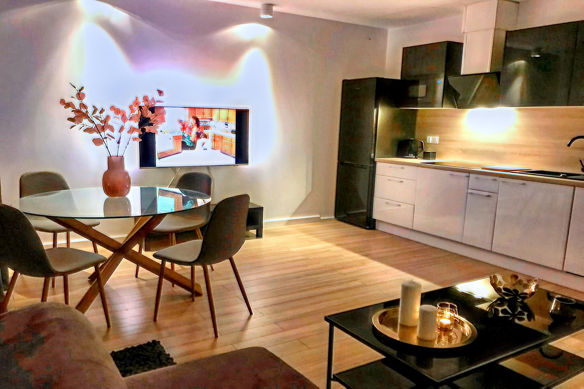 Ground floor: (open kitchen(dining table, electric kettle, boiling water tap, toaster, cooker(4 ring stoves, induction), espresso machine, microwave, dishwasher, fridge-freezer), open kitchen(dining table, electric kettle, boiling water tap, toaster, cooker(4 ring stoves, induction), espresso machine, microwave, dishwasher, fridge-freezer), open kitchen(dining table, electric kettle, boiling water tap, toaster, cooker(4 ring stoves, induction), espresso machine, microwave, dishwasher, fridge-freezer), open kitchen(dining table, electric kettle, boiling water tap, toaster, cooker, espresso machine, microwave, dishwasher, fridge-freezer), Living/bed room(double sofa bed, TV(satellite, german television channels)), Living/bed room(double sofa bed, TV(satellite, german television channels)), Living/bed room(double sofa bed, TV(satellite, german television channels)), Living/bed room(double sofa bed, TV(satellite, german television channels)), bedroom(single bed(90 x 200 cm), single bed(90 x 200 cm)), bedroom(single bed, single bed), bedroom(single bed, single bed), bedroom(single bed, single bed), bathroom(shower, washbasin, toilet), bathroom(shower, washbasin, toilet), bathroom(shower, washbasin, toilet), bathroom(shower, washbasin, toilet))\n\nSauna, terrace, garden(private), garden furniture, BBQ, parking, swimming pool(private, including part for children (depth 50cm), 15 x 4 m., opened from May upto and including Sep), play equipment, hammock, Volleyball court, Garden shed