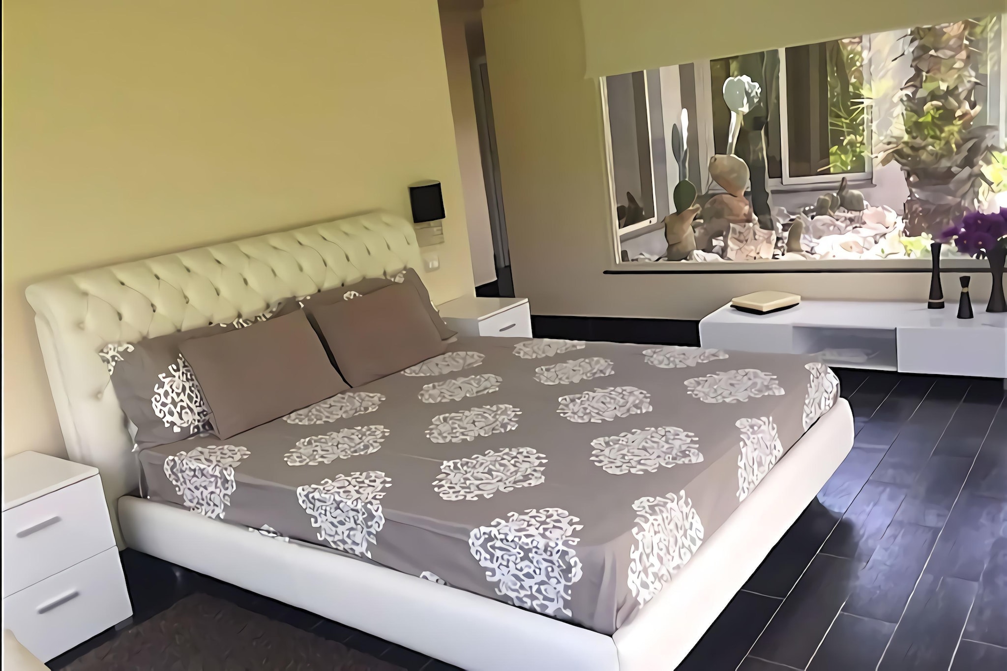 Ground floor: (Living room(double sofa bed), open kitchen(cooker, combination microwave), bedroom(single bed, double bed), bathroom(shower, washbasin, toilet))\n\nBubble bath, air conditioning, terrace, garden, garden furniture, BBQ, parking, swimming pool(shared with other guests)