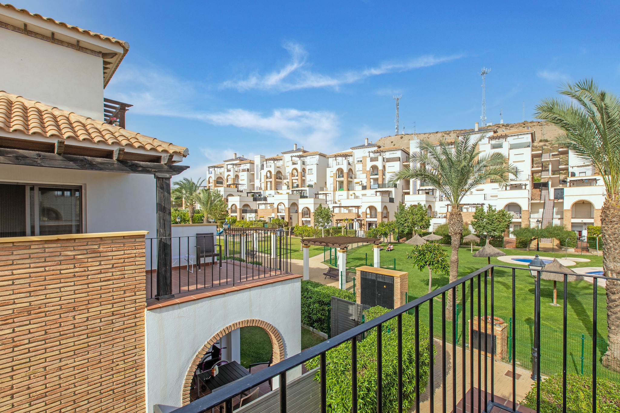 On the 1st floor: (Kitchen(toaster, cooker, coffee machine, oven, microwave, fridge-freezer), Living/diningroom(TV, dining table, seating area, balcony or terrace, air conditioning), bathroom(washbasin, toilet))\n\nOn the 2nd floor: (bedroom(double bed, air conditioning), bedroom(double trundle bed, air conditioning), bedroom(double trundle bed, air conditioning), bathroom(bathtub or shower, washbasin, toilet, bidet), balcony or terrace)\n\ngarden(shared with other guests), parking, swimming pool(shared with other guests)