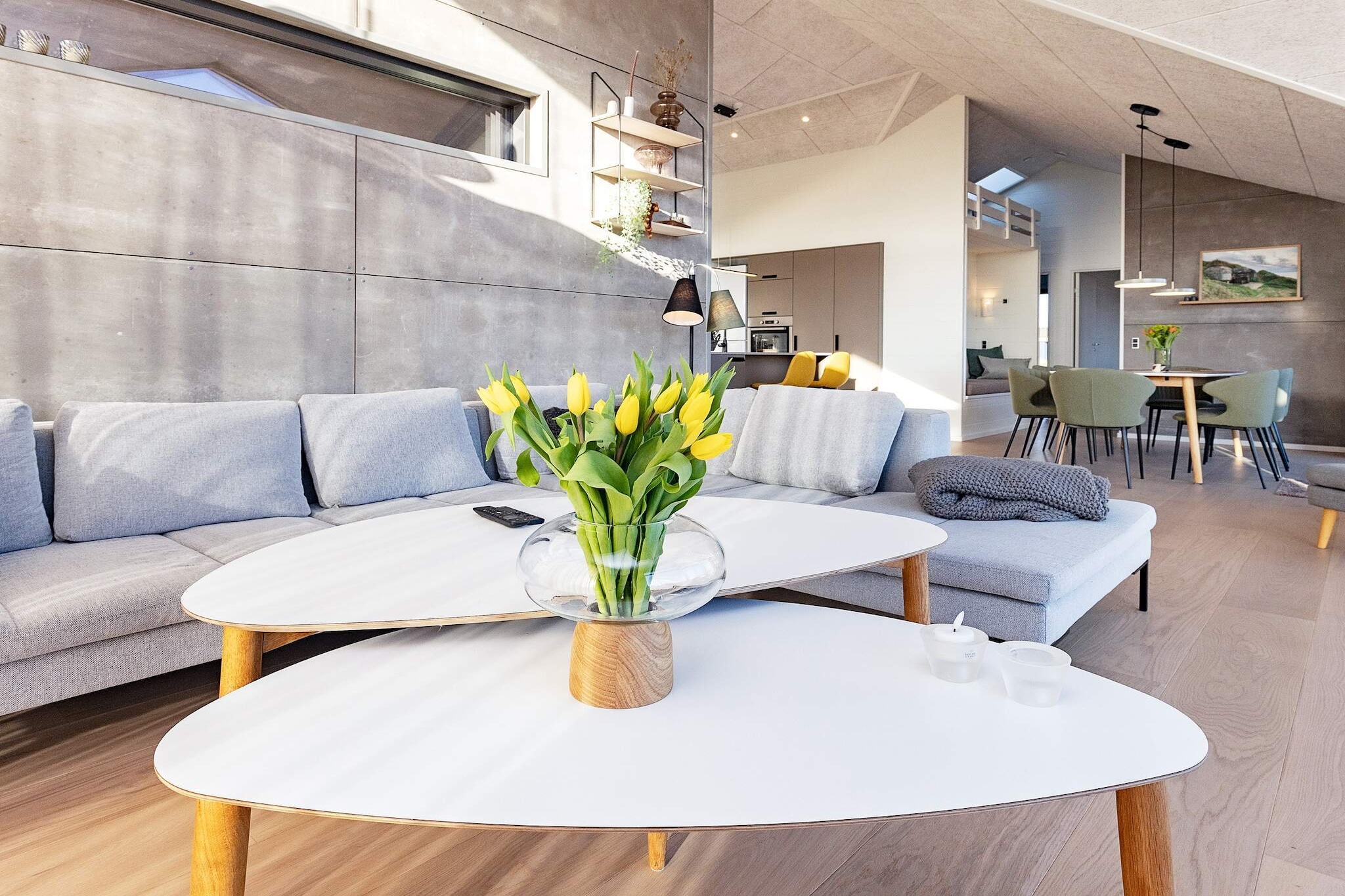 Kitchen(cooker(electric), coffee machine, microwave, dishwasher, fridge-freezer), Living/bed room(TV(german television channels, danish TV channels (DR1 and TV2), norvegian TV channels , swedish TV channels), high chair, chromecast), bedroom(double bed, bunk bed, children\'s bed), bedroom(double bed), bedroom(double bed), bedroom(double bed), bathroom(floor heating)(washbasin, shower, toilet), bathroom(floor heating)(washbasin, shower, toilet), pantry(tumble dryer, washing machine), shower(outside), terrace, garden furniture, sun loungers, air to water heatpump